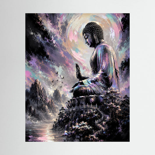 Kunstposter im Hochformat mit sitzendem Buddha in Pastellfarben und leuchtendem Halo