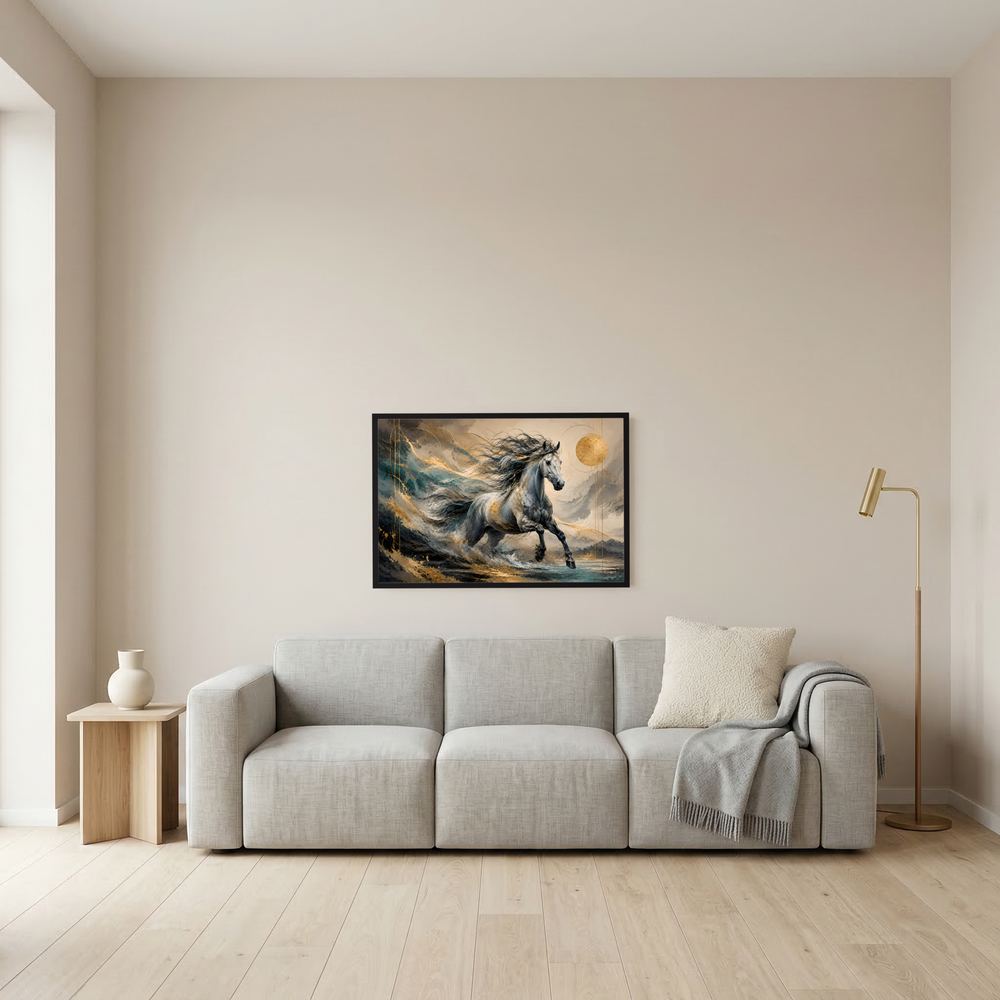 Kleines gerahmtes Pferdekunst-Poster: schwarzer Hengst mit goldener Mondsichel, schwarzer Rahmen