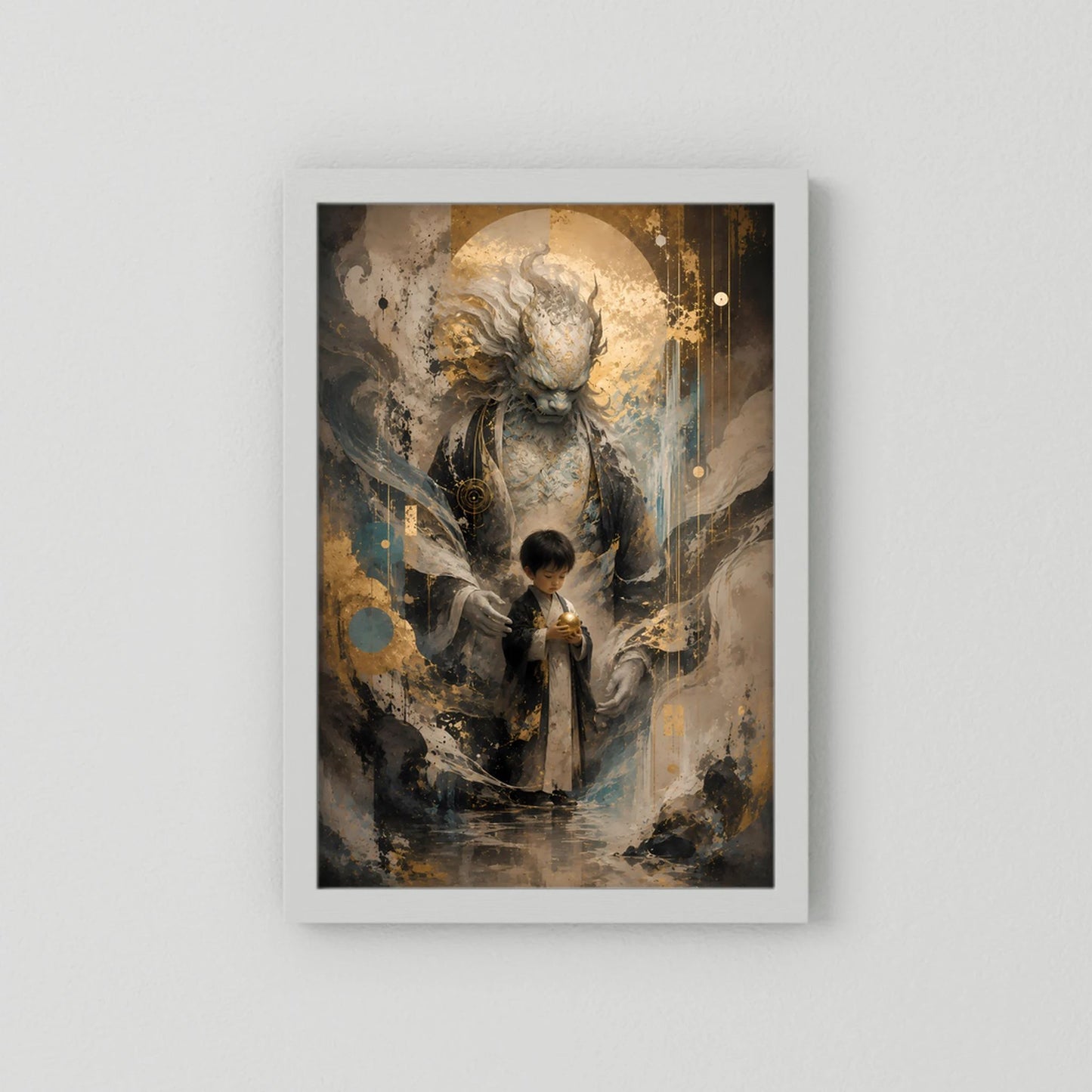 Hochformat-Poster mit Wächterfigur und Kind, abstrakt in Gold und Dunkel, weiß gerahmt