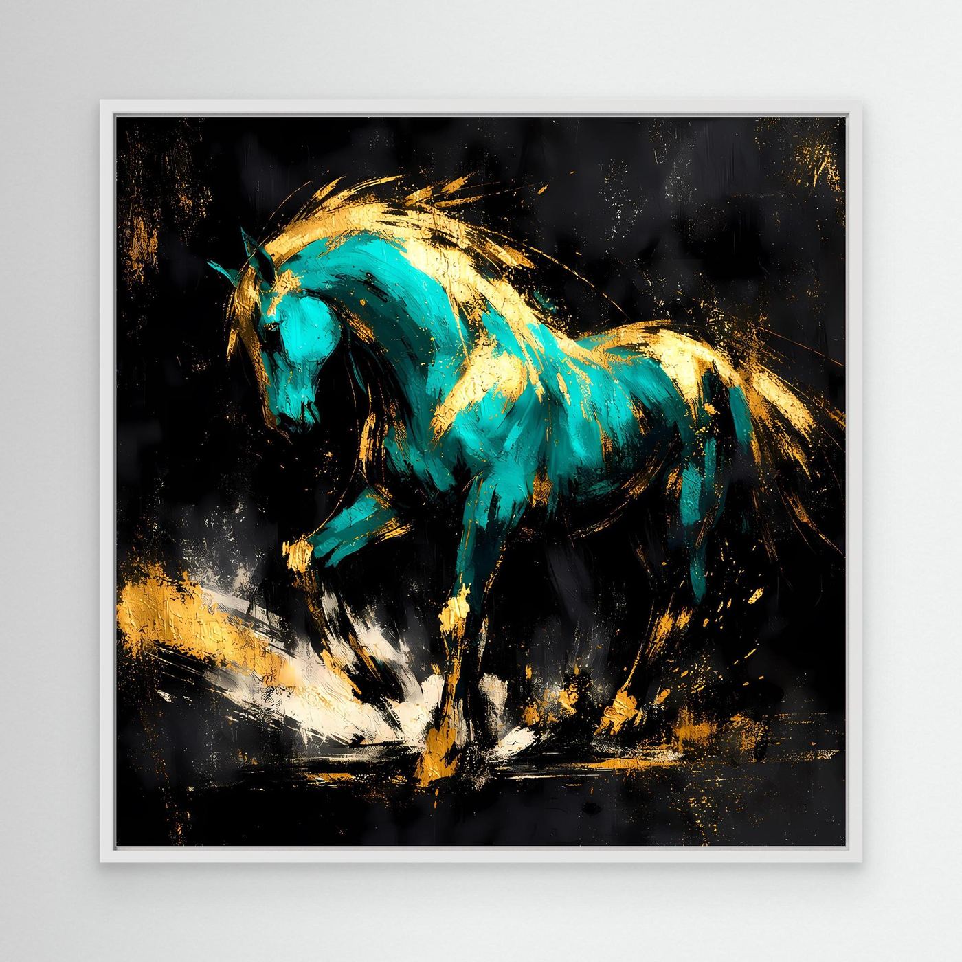 Leinwand Kraftvolles Pferd in Türkis und Gold | Modernes Abstraktes Wildtier Wandbild