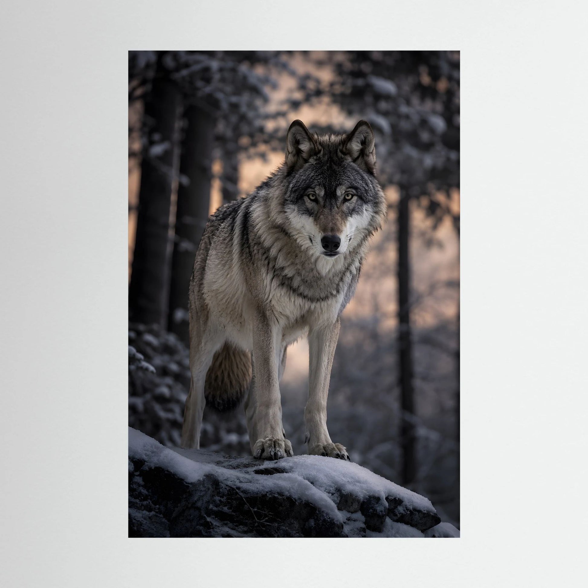 Wolf im Winterwald als Hochformat-Poster, stehender Grauwolf auf Schneefläche