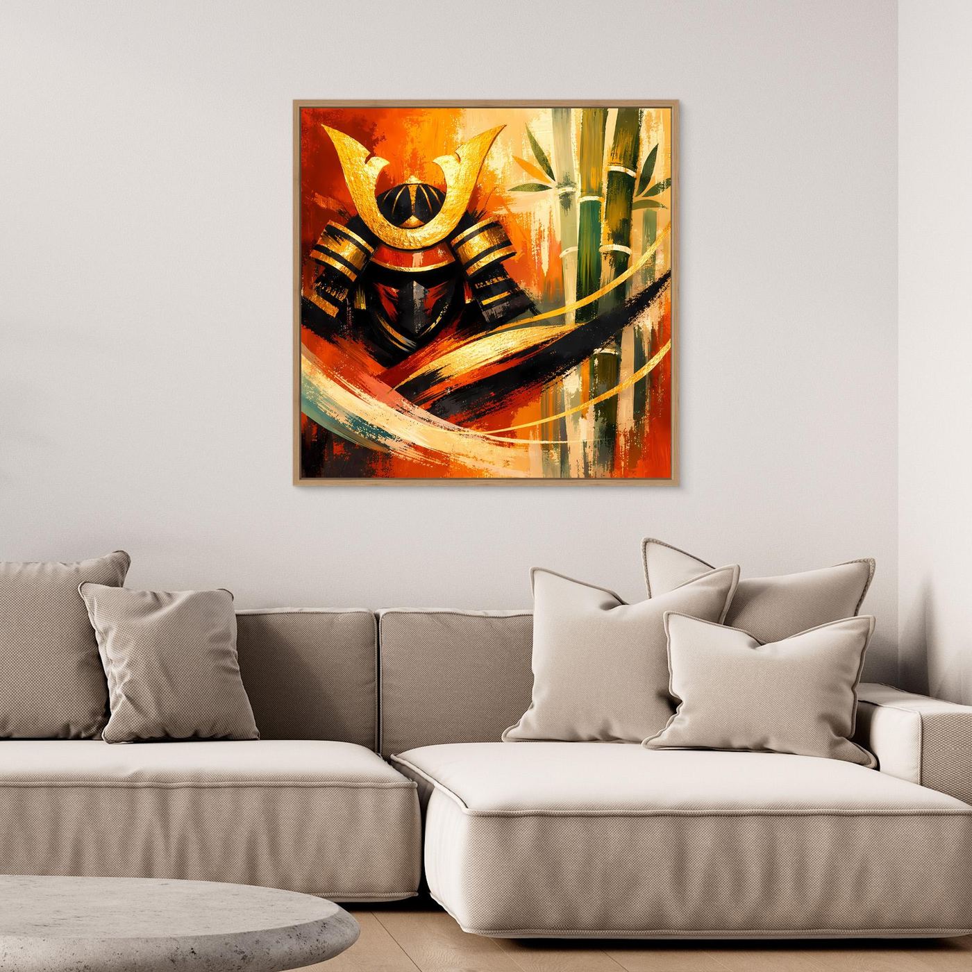 Gerahmtes Leinwand-Wandbild mit abstraktem Samurai und Bambus, orangefarbene Farbfläche