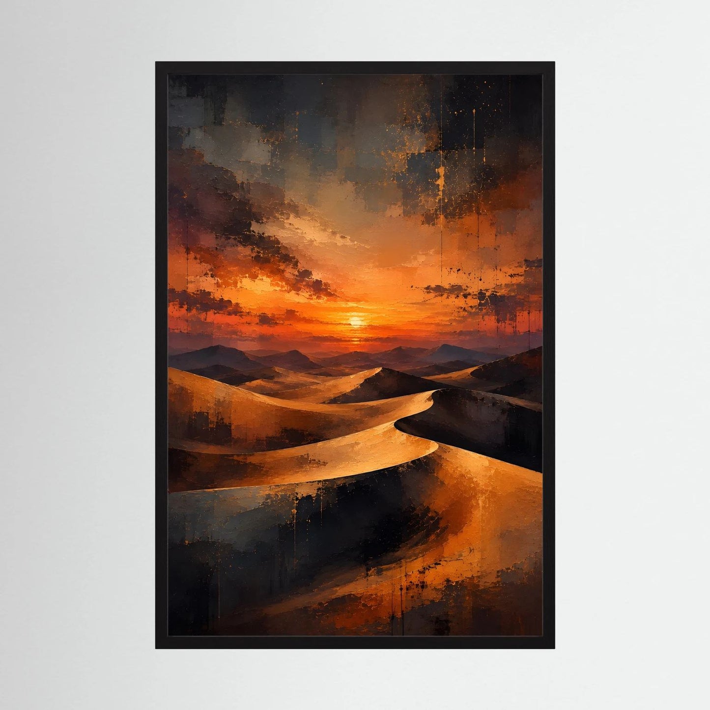 Wandposter mit abstrakten Sanddünen im Sonnenuntergang, schwarzer Rahmen