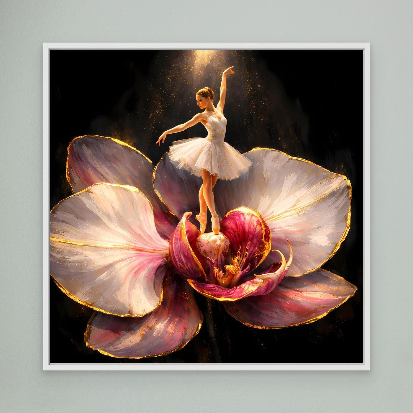 Premium Leinwand Elegante Ballerina auf Orchidee | Abstraktes Ballett Wandbild mit Goldakzenten