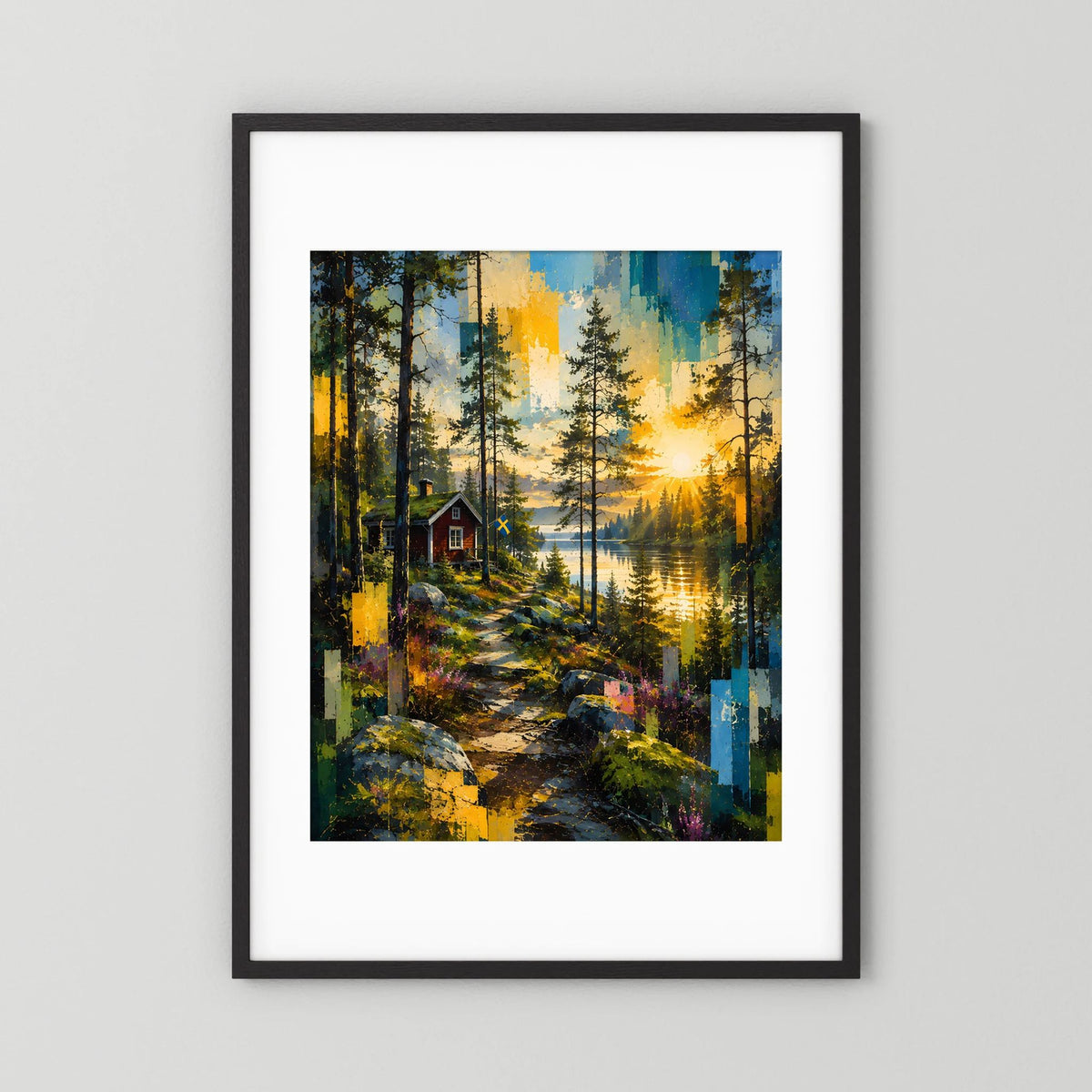 Gerahmtes Poster im Hochformat mit Waldlandschaft und See, Sonnenuntergang, schwarzer Rahmen mit weißem Rand