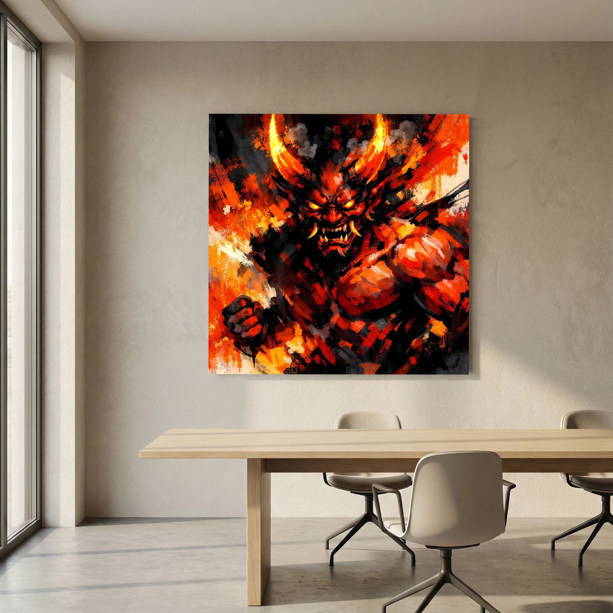 Gerahmtes Leinwand-Wandbild mit feuergestaltetem Oni-Dämon und Fäusten, Schwarz-Orange