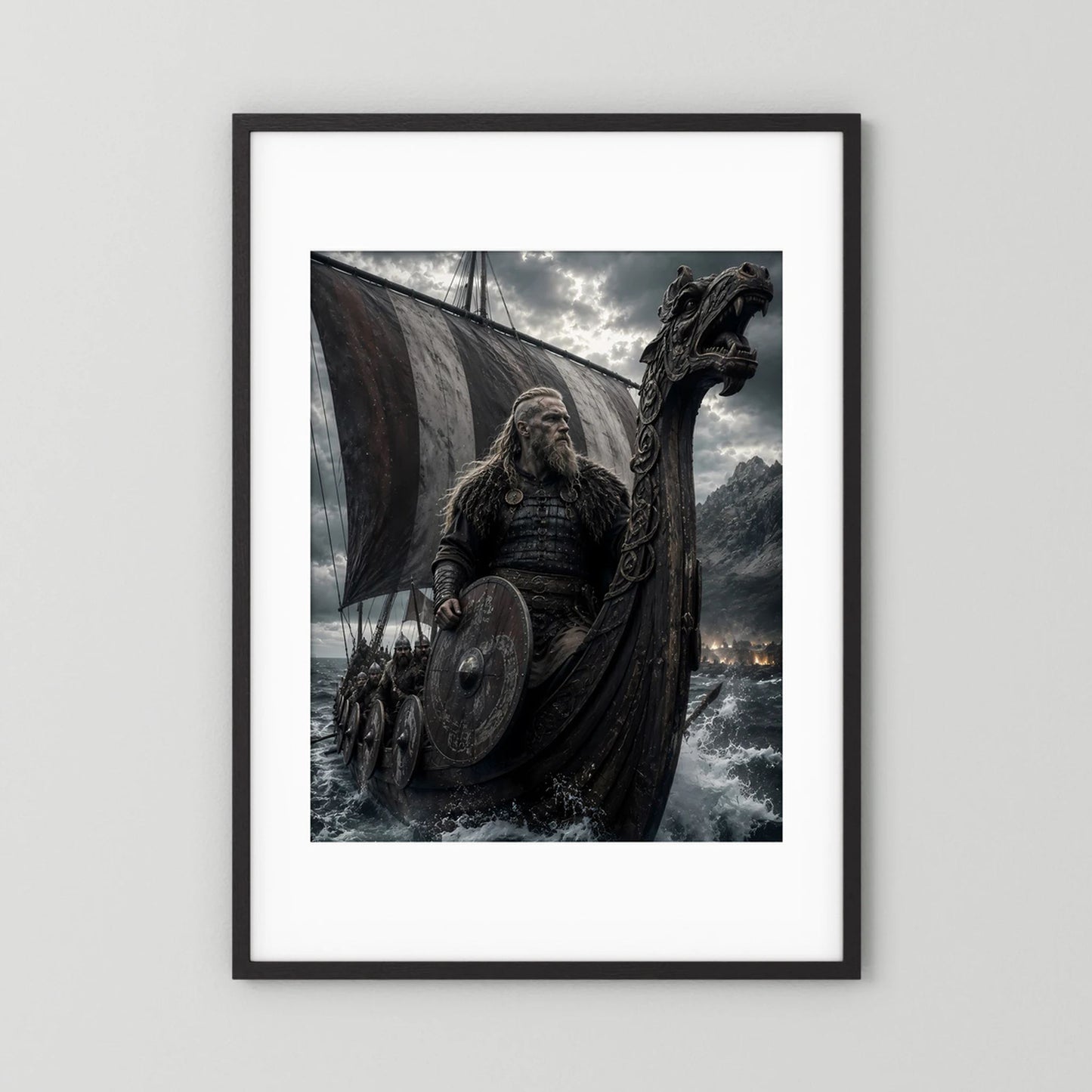 Poster mit Wikinger-Krieger, Schild und Drachenschiff im schwarzen Rahmen