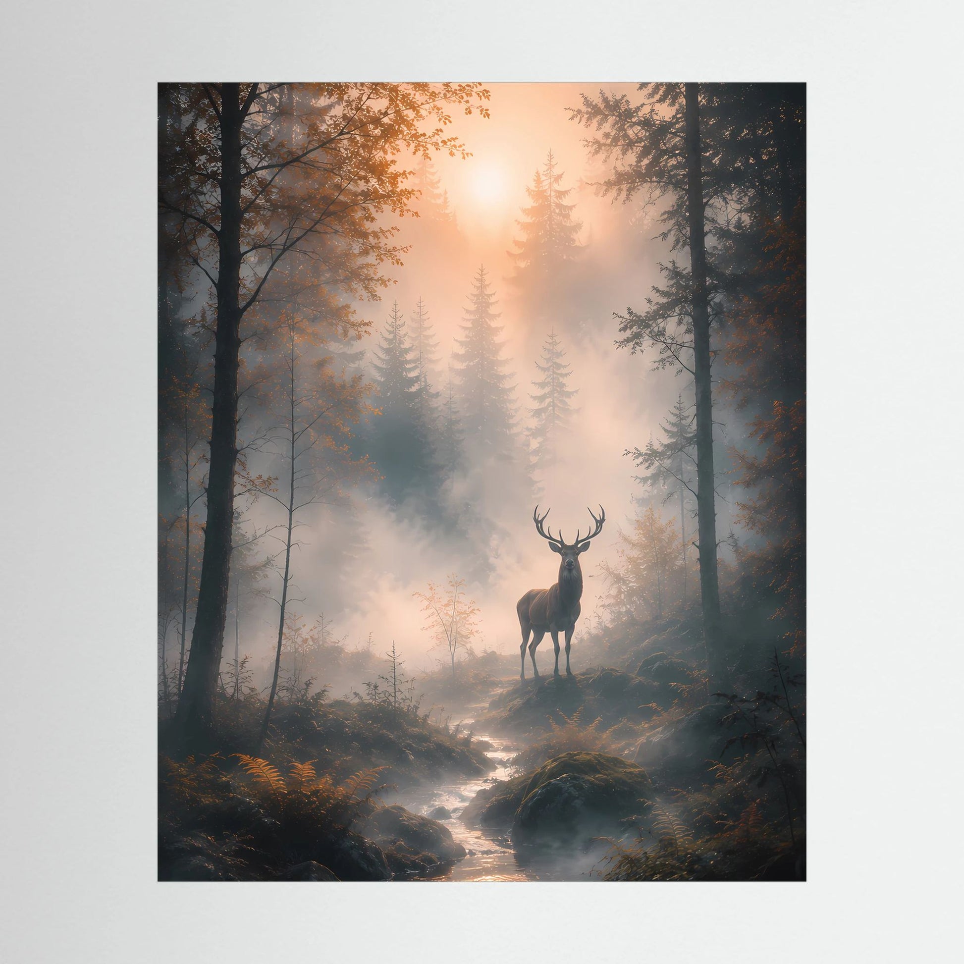 Hochformatiges Kunstposter mit Hirsch im nebligen Wald bei Sonnenaufgang