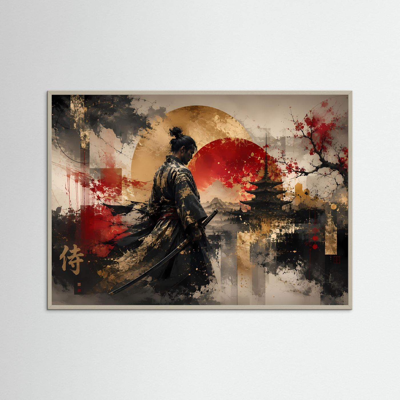 Japanisches Samurai-Poster im Querformat mit hellem Rahmen, roter Sonne und Kirschblüten