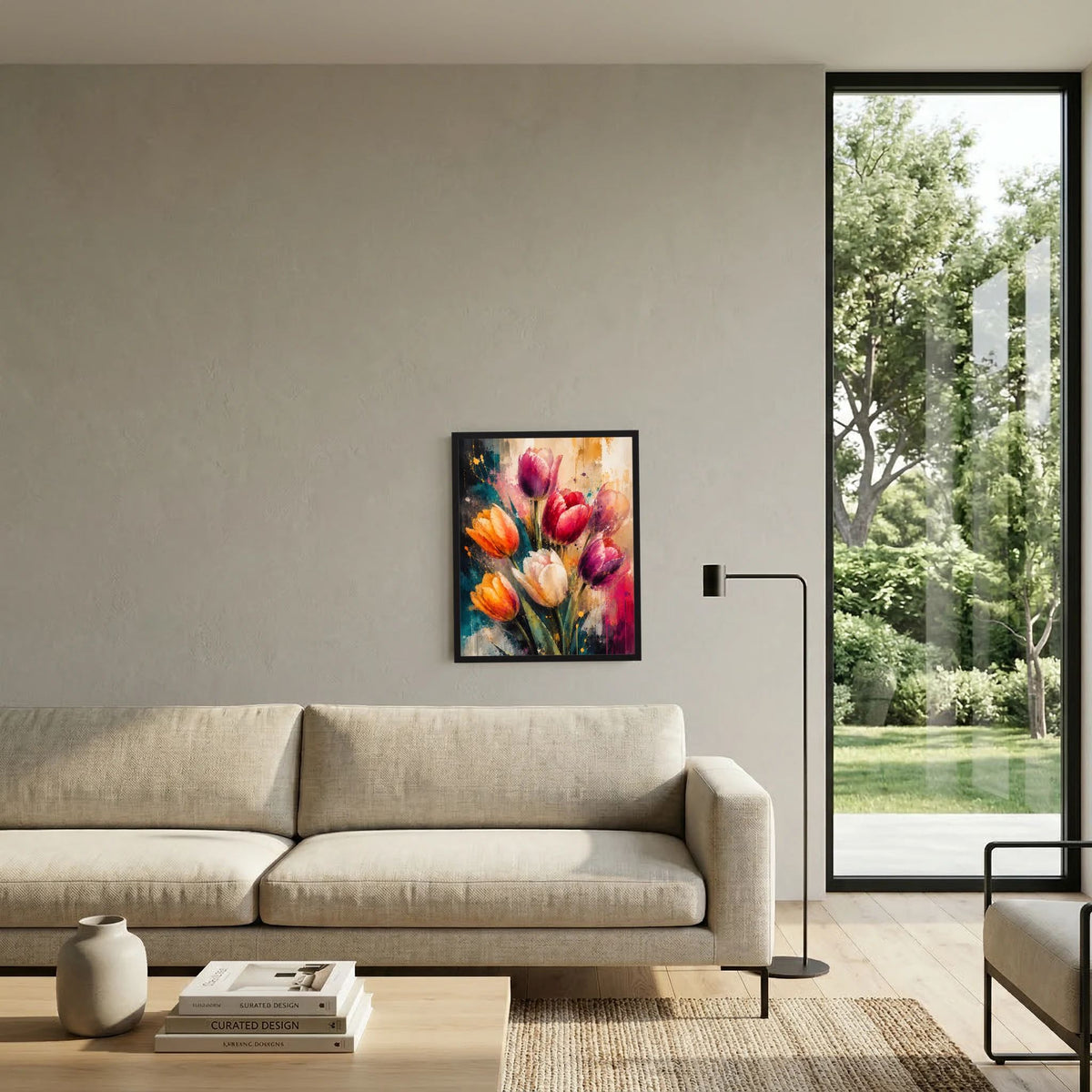 Gerahmtes abstraktes Tulpen-Kunstposter mit roten, orangefarbenen und violetten Blüten