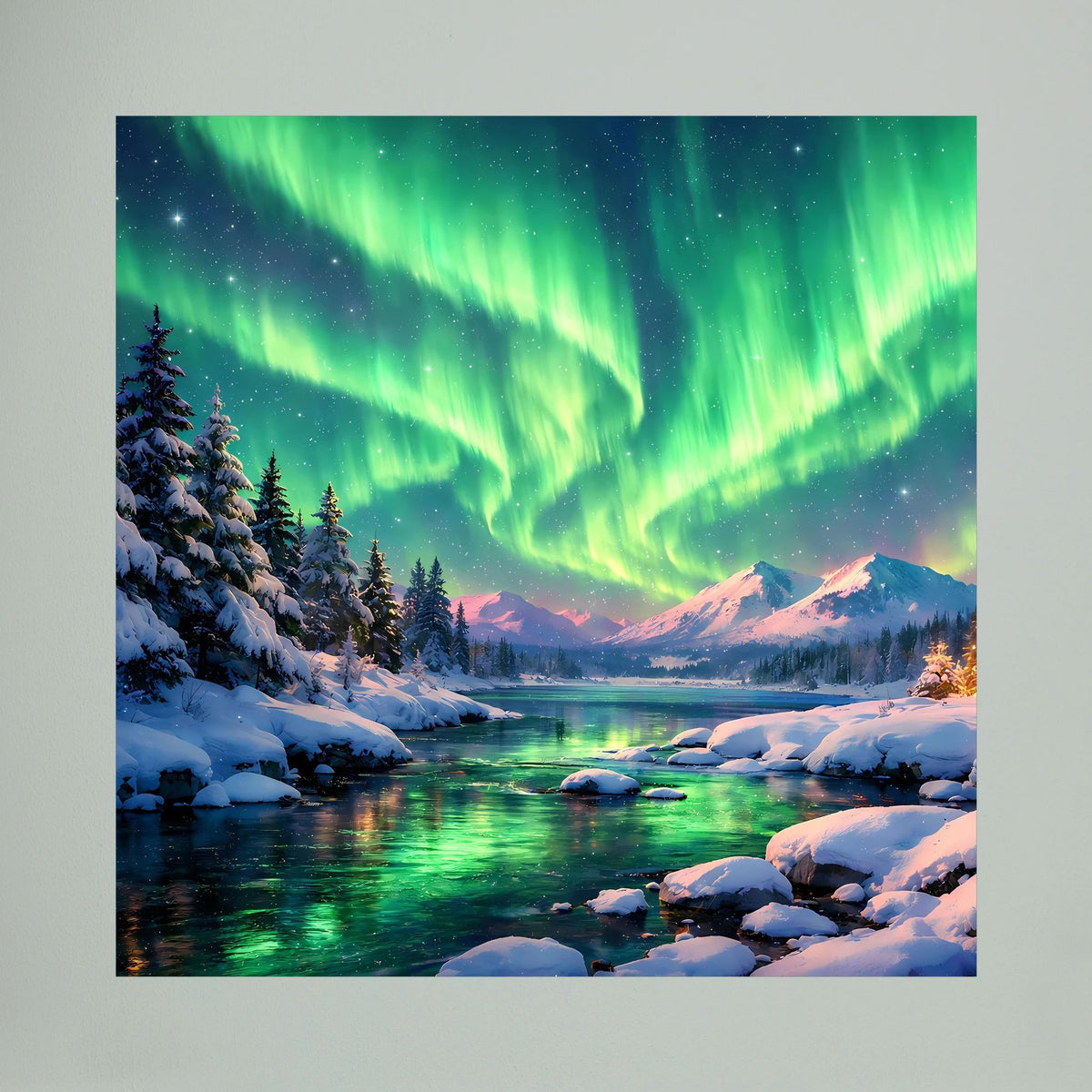Quadratisches Leinwandbild: grüne Polarlichter, verschneite Uferlandschaft mit Tannen auf Holzkeilrahmen