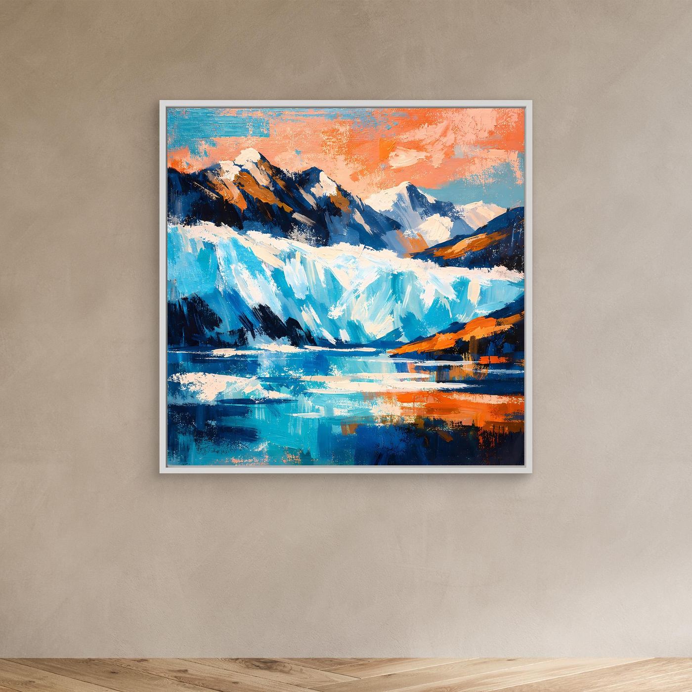 Wandbild mit abstrakter Arktislandschaft im weißen Rahmen: Berge, Gletscher, Eis in Blau.