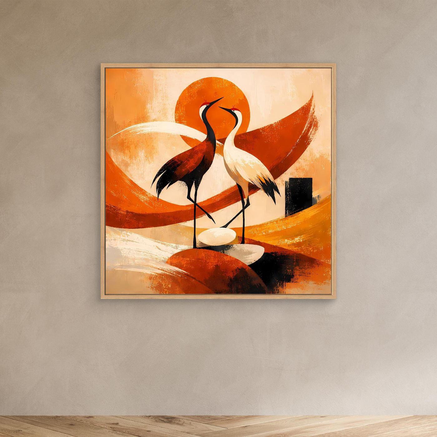 Beiges gerahmtes Leinwand-Wandbild mit zwei Kranichen, orangefarbener Sonne, abstraktes Rot.