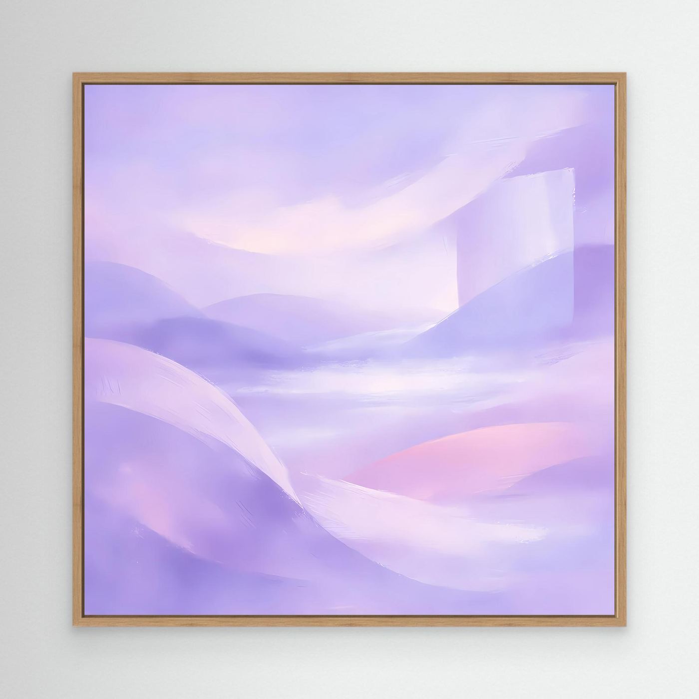 Abstraktes Leinwandbild mit Pastellhügeln in Violett- und Rosatönen, Eichenrahmen