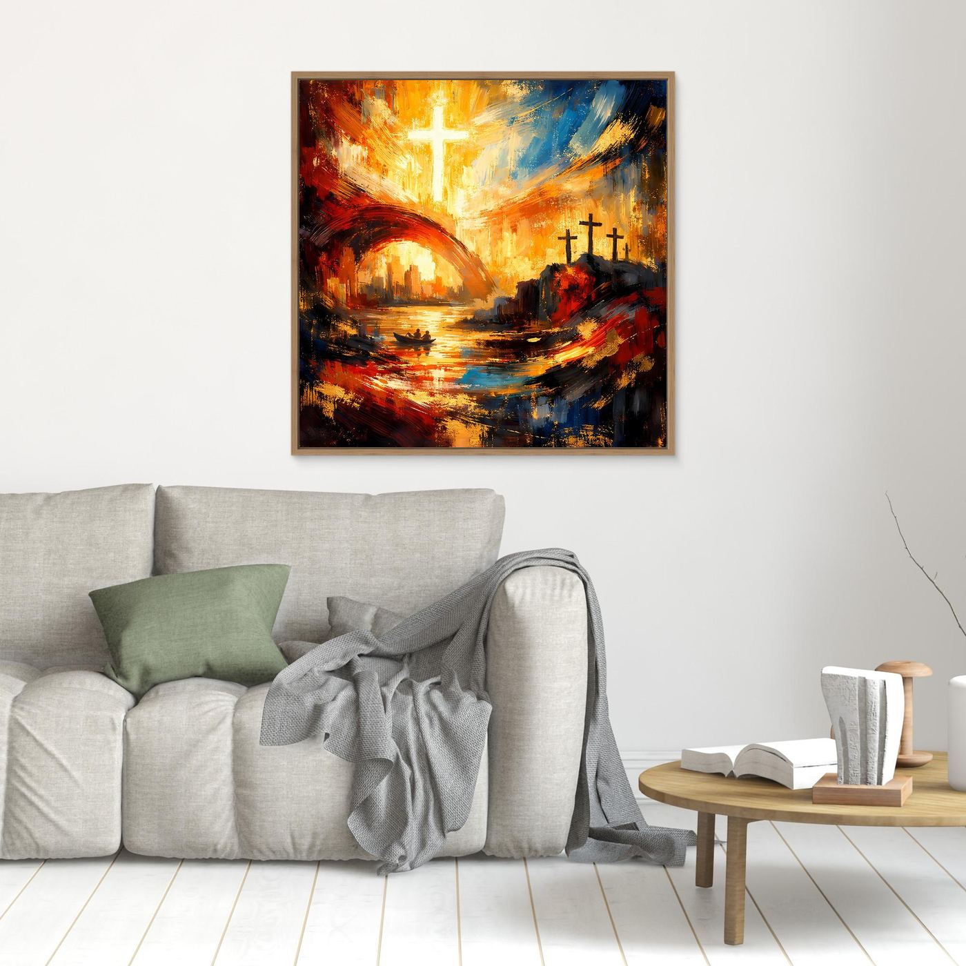 Abstraktes spirituelles Leinwandbild an der Wand mit goldenem Kreuz, braunem Rahmen
