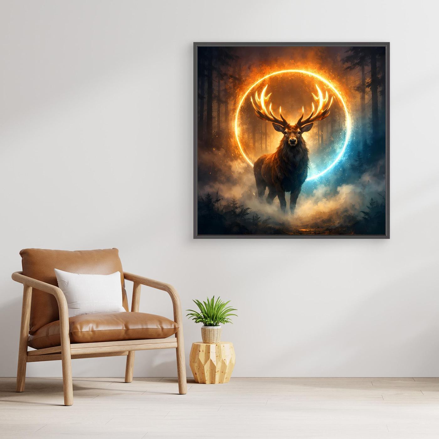 Gerahmtes Leinwandbild: Hirsch im Lichtkreis mit orange-blauem Schein, abstrakte Wolken