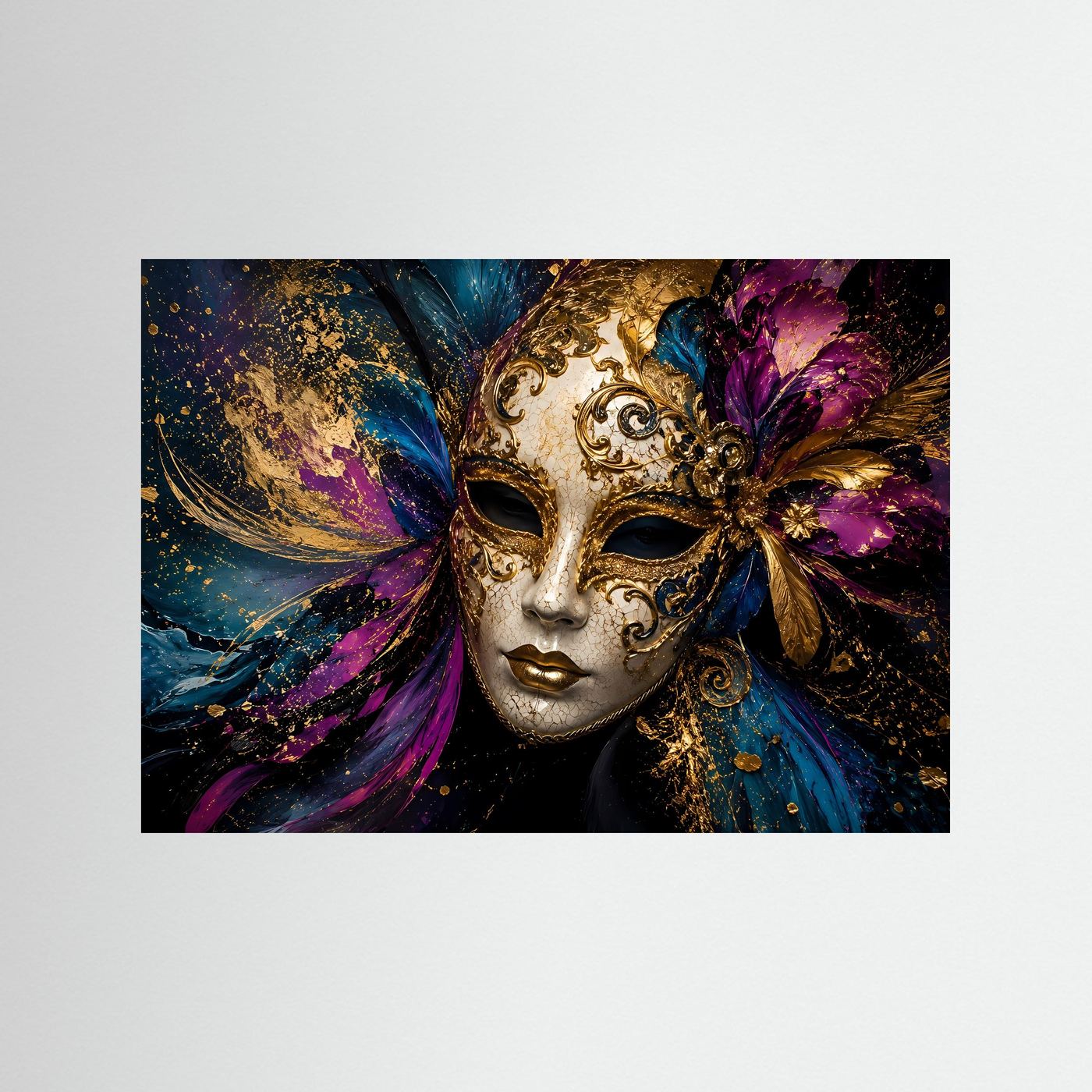 Prunkvolle Venezianische Maske in Gold, Violett & Blau | Maskenball & Kunst-Wandbild