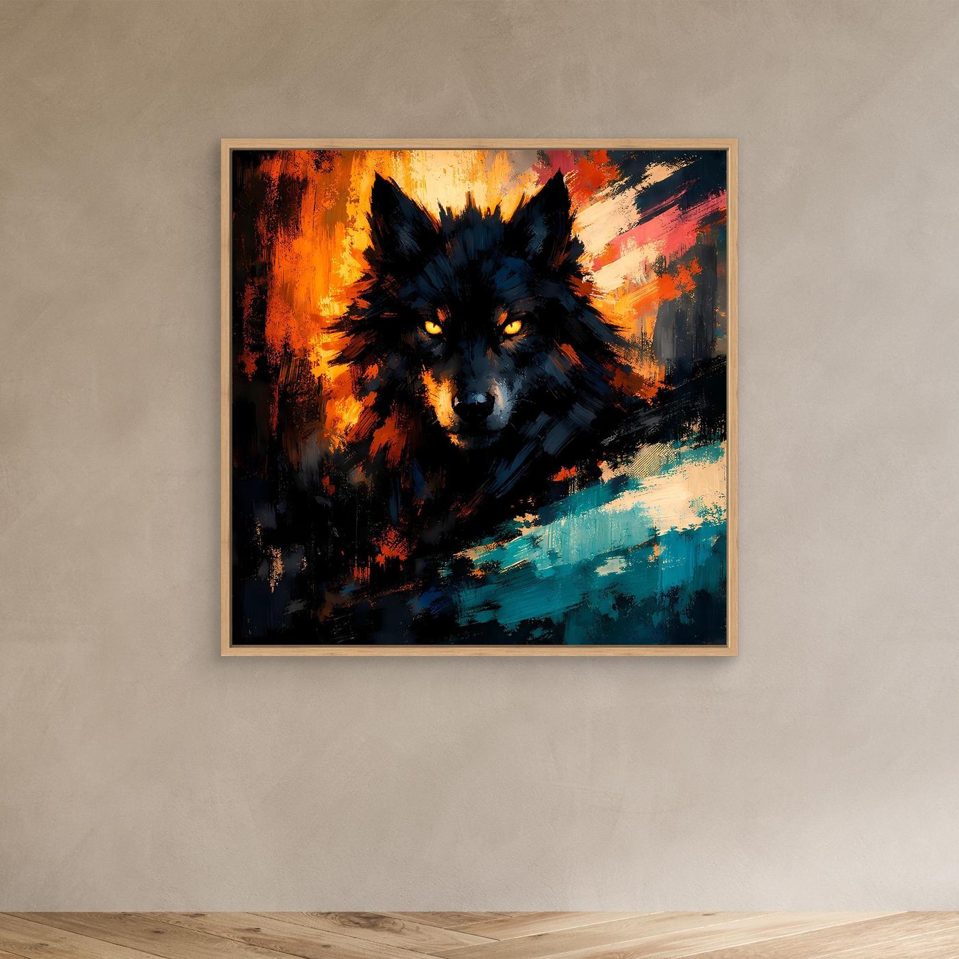Wandbild mit abstraktem Wolf im Feuerlicht, dunkles Fell, Holzrahmen, orange und türkis