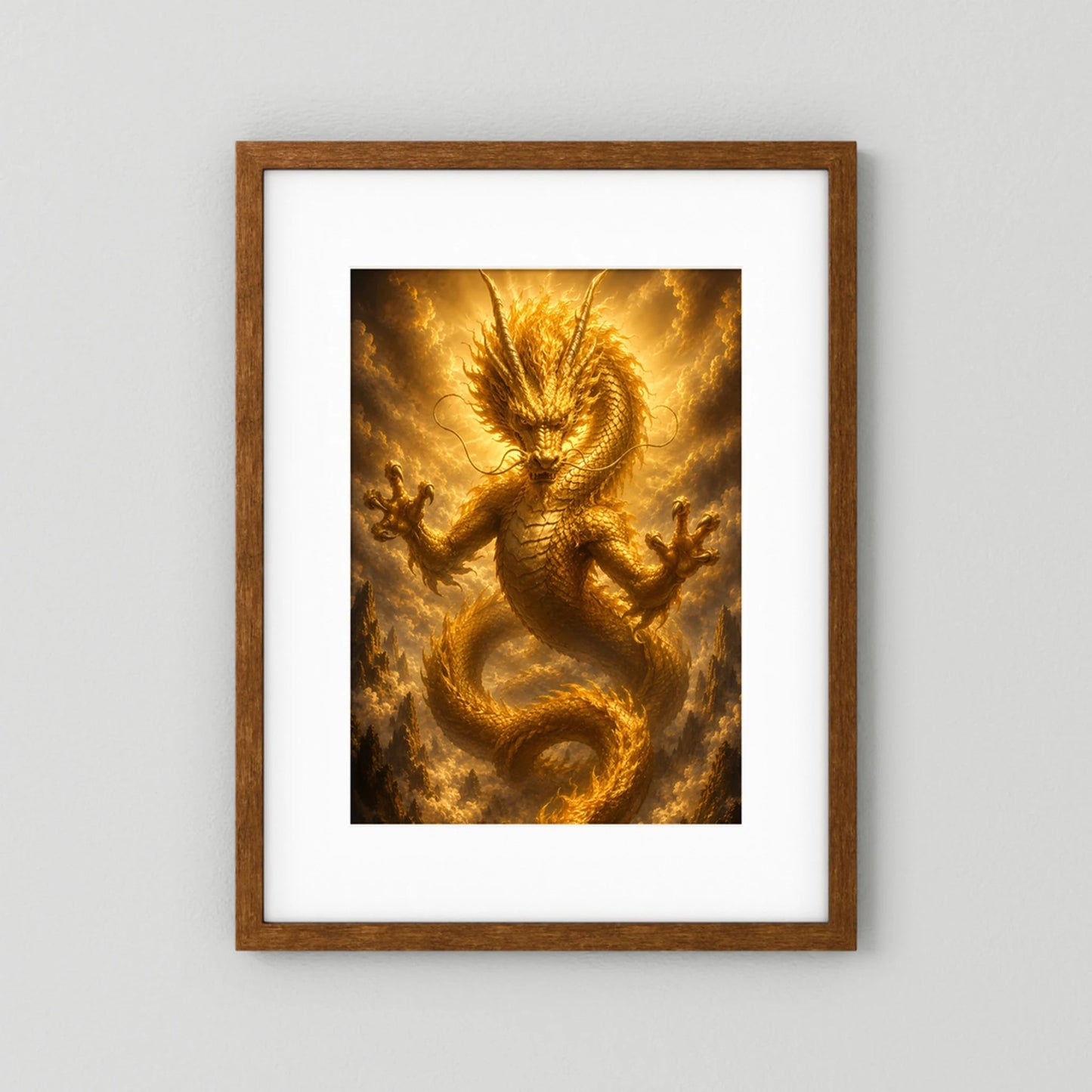 Poster im Hochformat mit goldenem chinesischem Drachen, brauner Holzrahmen