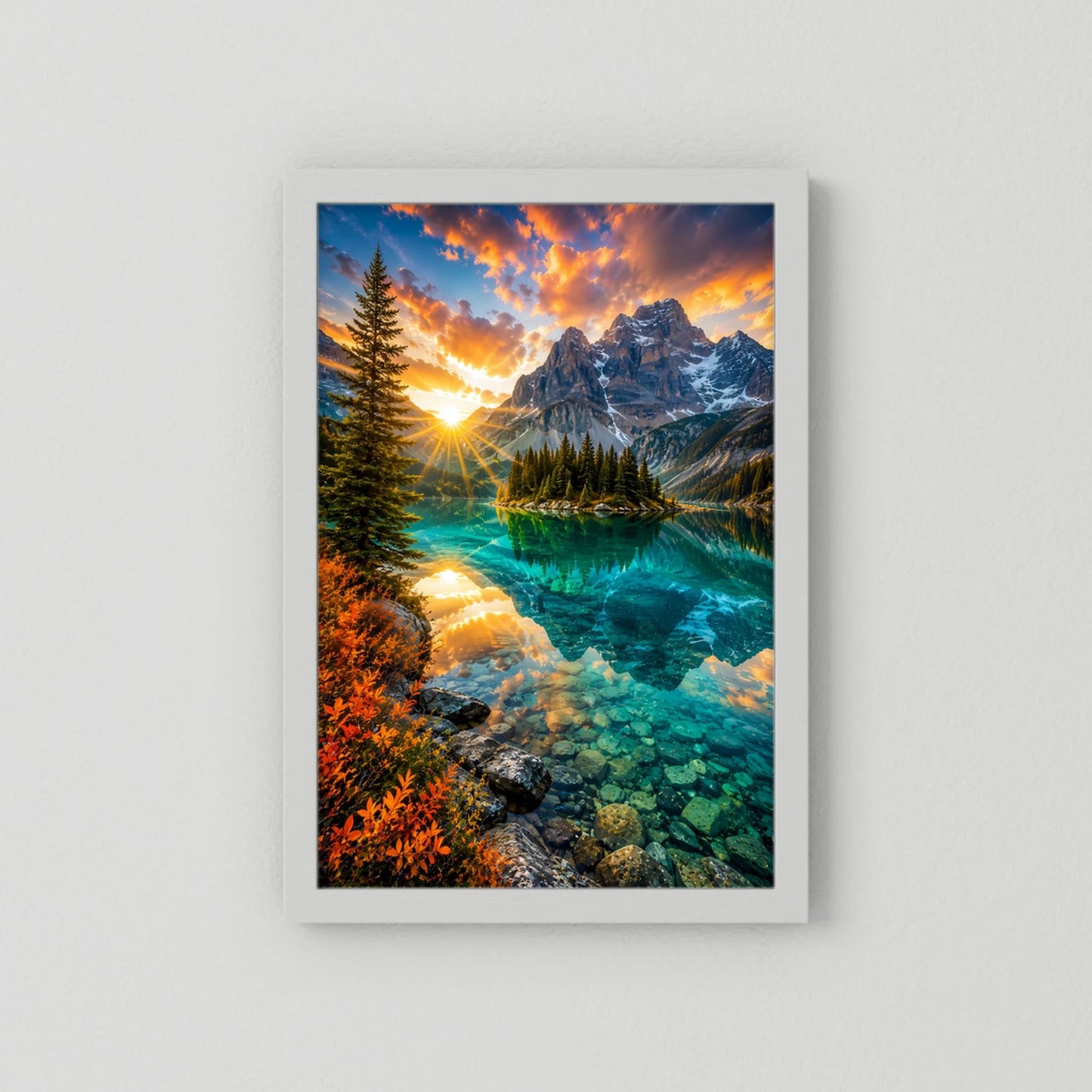 Türkiser Bergsee bei Sonnenuntergang | Majestätische Berglandschaft mit Spiegelung | Poster Hochformat