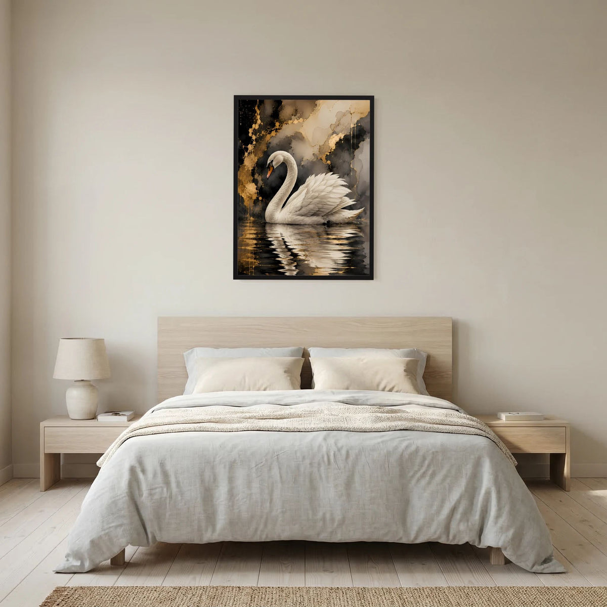 Wandposter mit weißem Schwan auf goldenem Wasser, schwarzer Rahmen