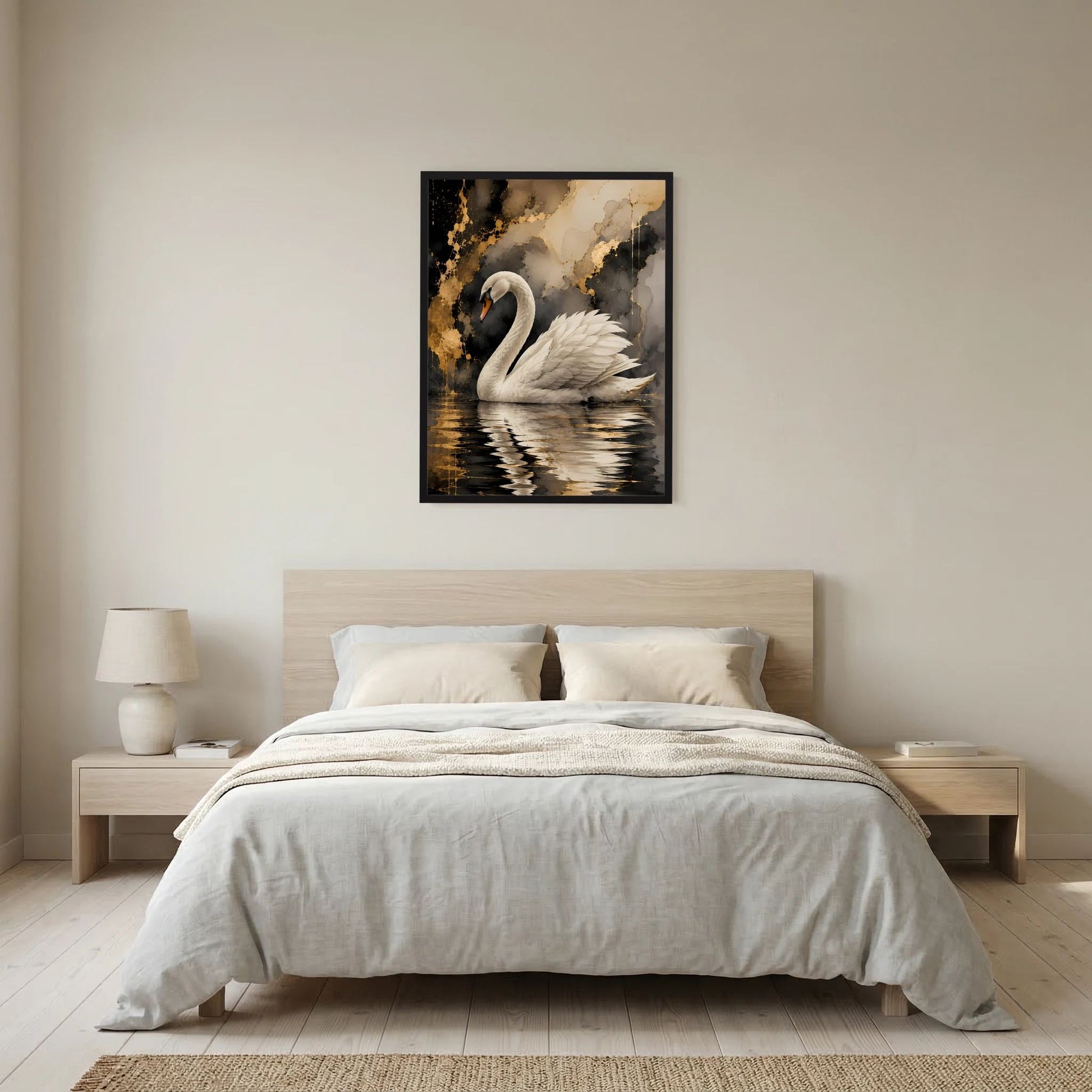 Wandposter mit weißem Schwan auf goldenem Wasser, schwarzer Rahmen