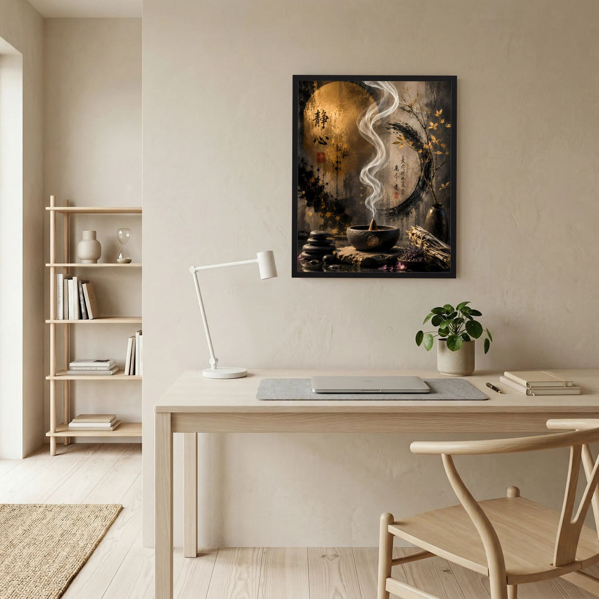 Zen-Kunstprint mit goldenem Kreis, weißen Rauchlinien über dunkler Schale, Steinen und Zweig