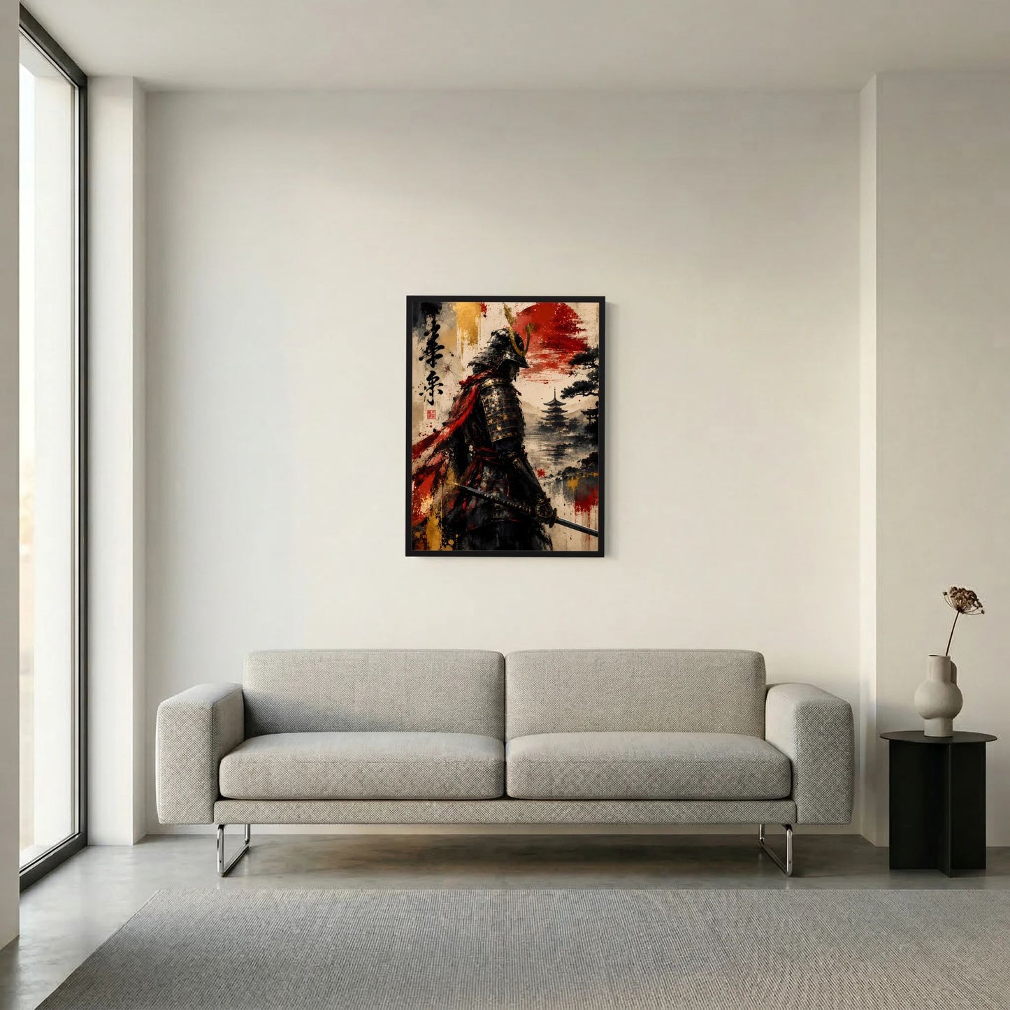 Poster mit Samurai in Schwarz, roter Sonne und orange-roter Farbfläche, im schwarzen Rahmen.