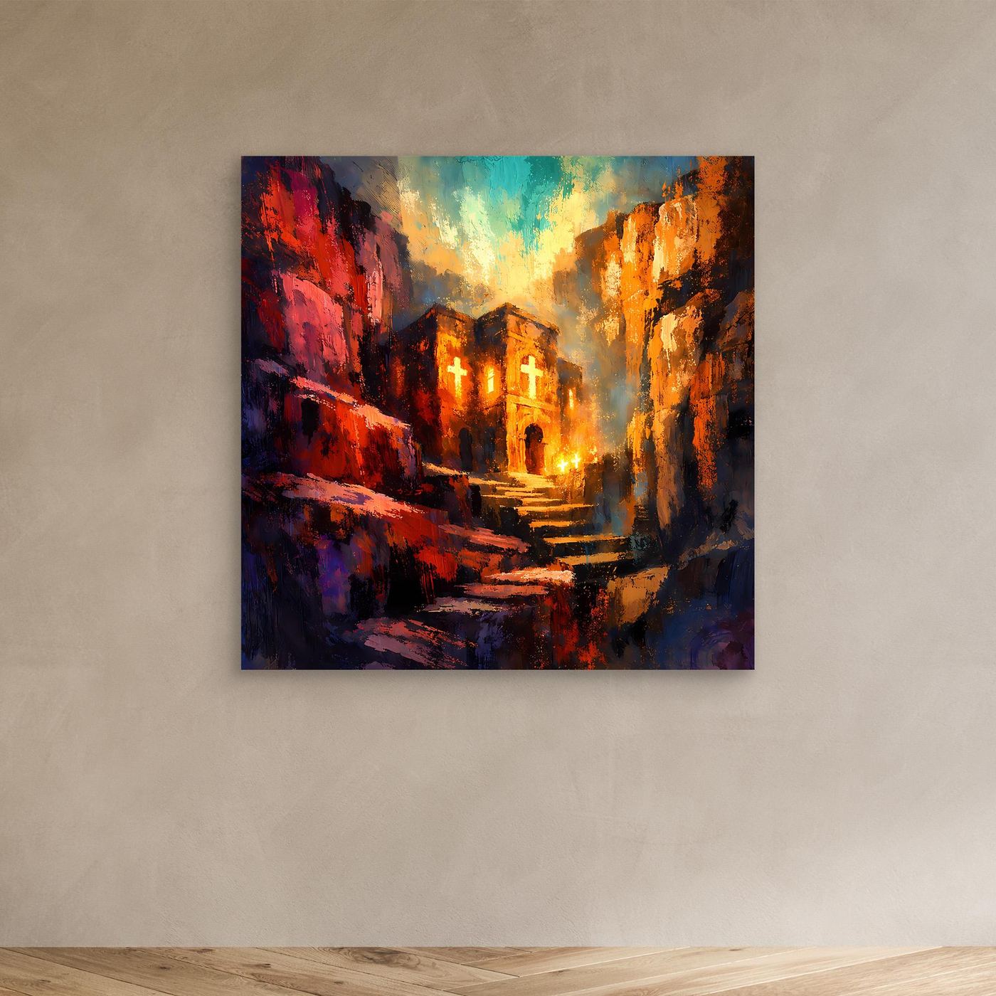 Abstraktes Leinwand-Wandbild mit Klosterweg und leuchtenden Fenstern im Hintergrund