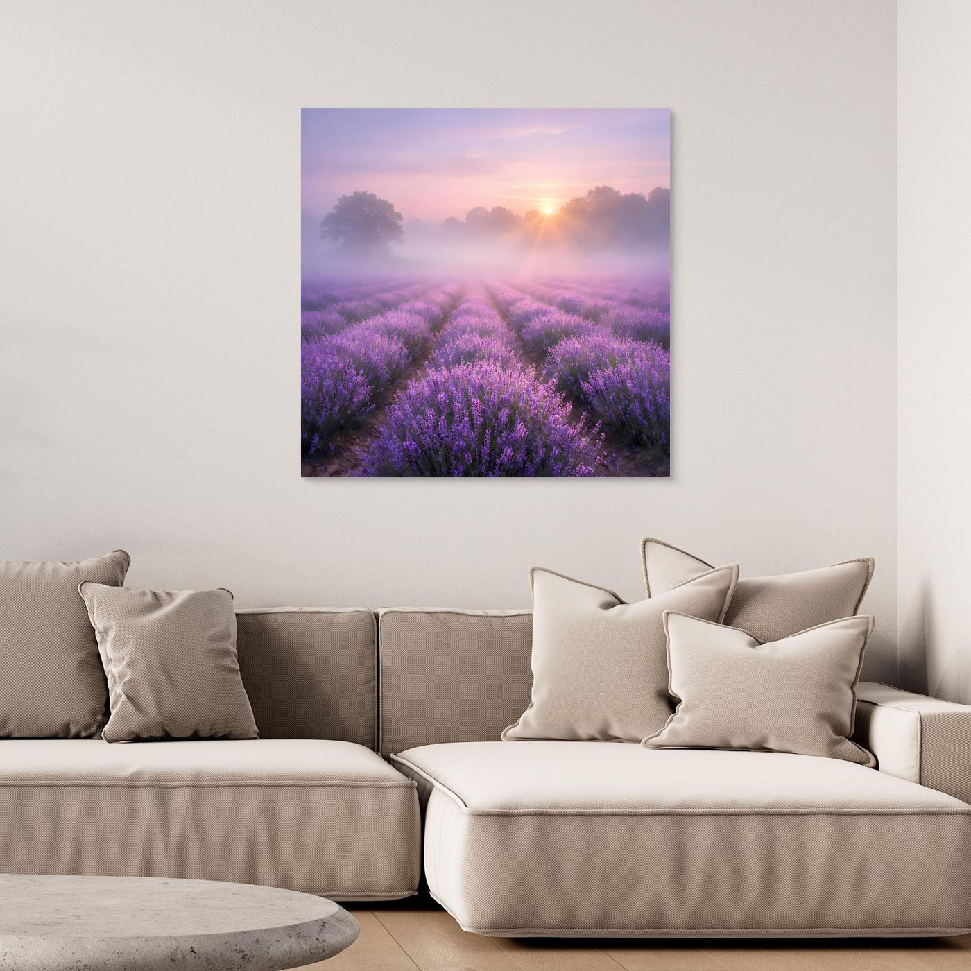 Quadratisches Leinwandbild Lavendelfeld im Nebel mit Sonnenaufgang, ohne Rahmen