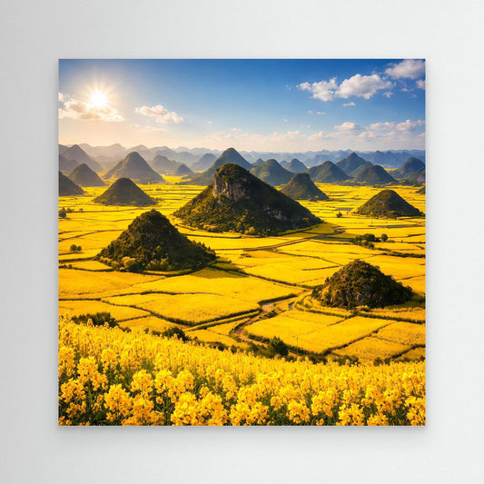 Leinwandbild mit goldenem Rapsfeld und Karstbergen, weißer Rahmen