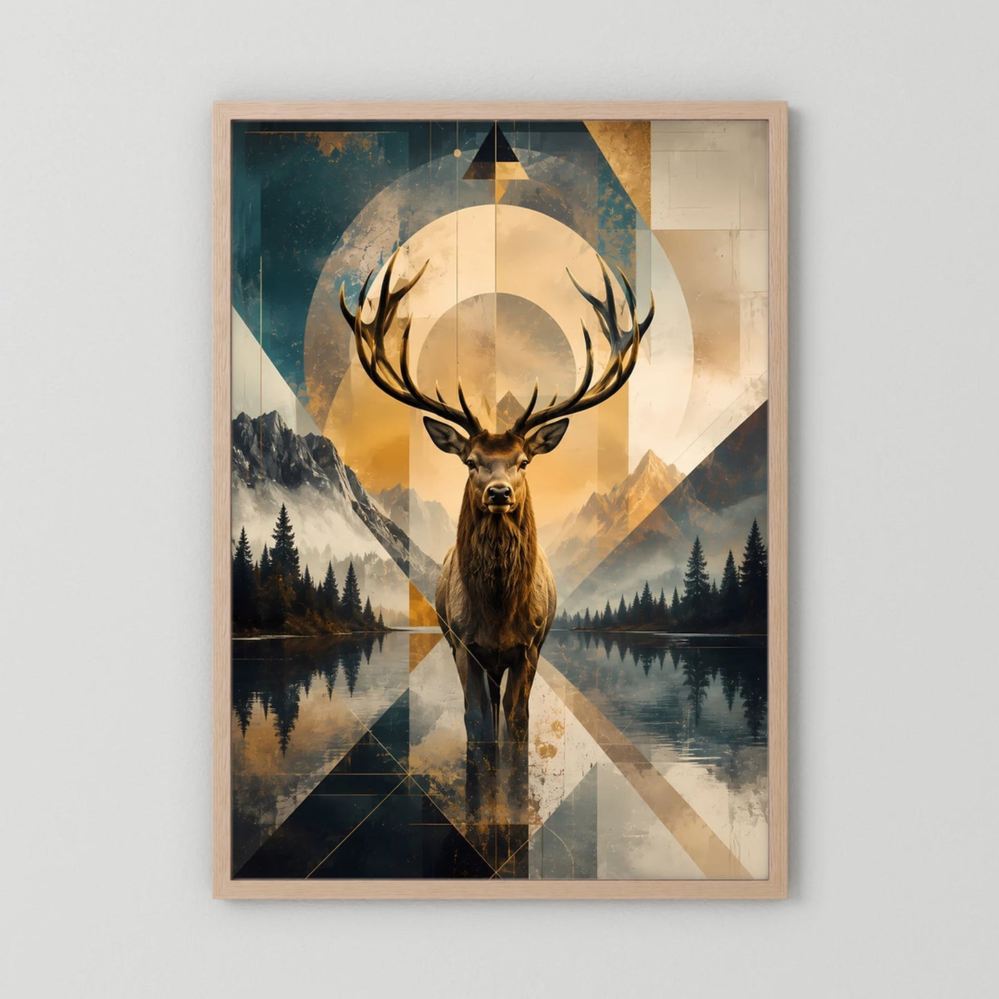 Poster im Hochformat mit Hirsch und geometrischer Berglandschaft, goldfarben, Holzrahmen