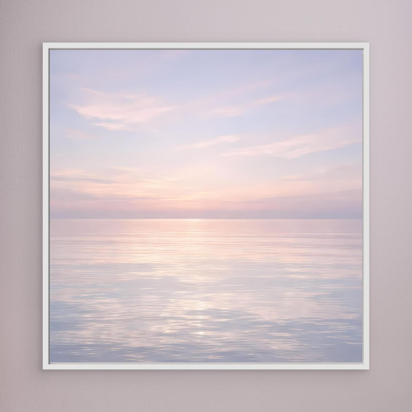 Leinwandbild mit weißem Rahmen, Pastellmeer am Horizont, sanfter Sonnenuntergang