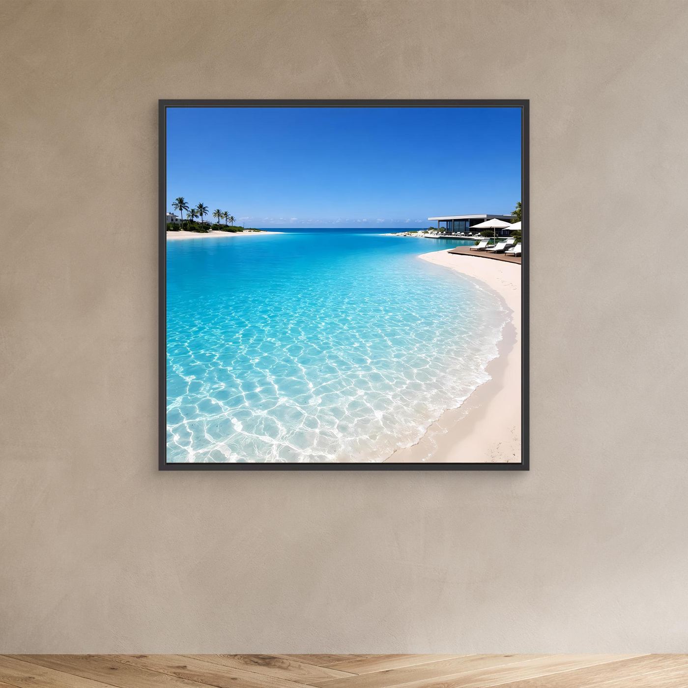 Leinwandbild Strand mit türkisblauem Meer im schwarzen Rahmen