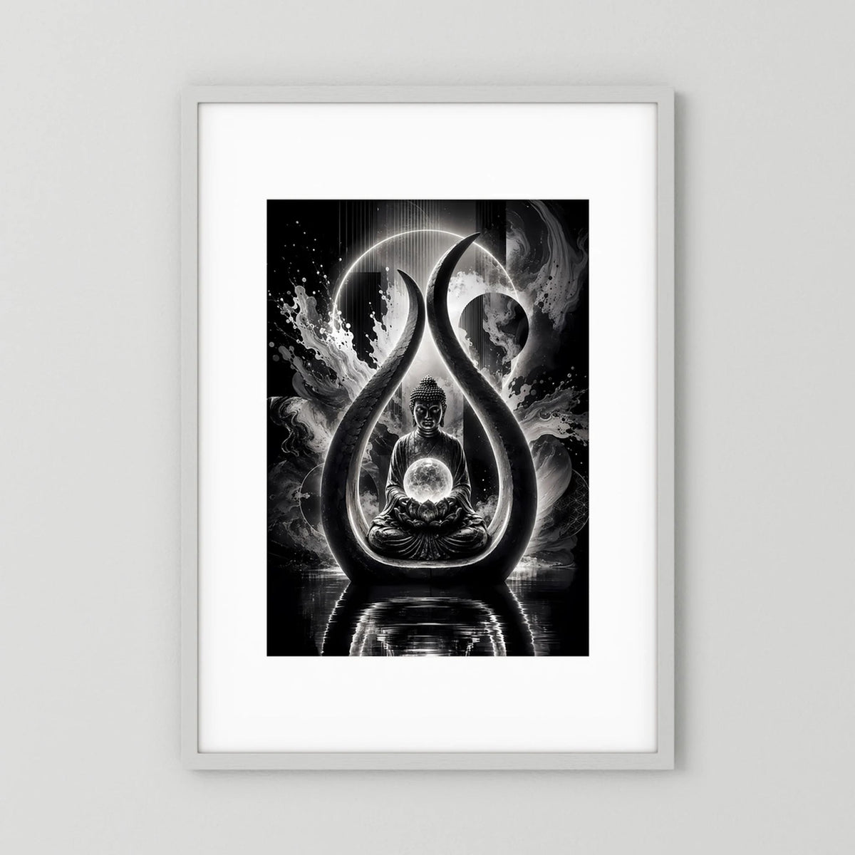 Hochformatiges Buddha-Kunstposter in Schwarzweiß mit meditiertem Buddha und leuchtenden Kreisformen