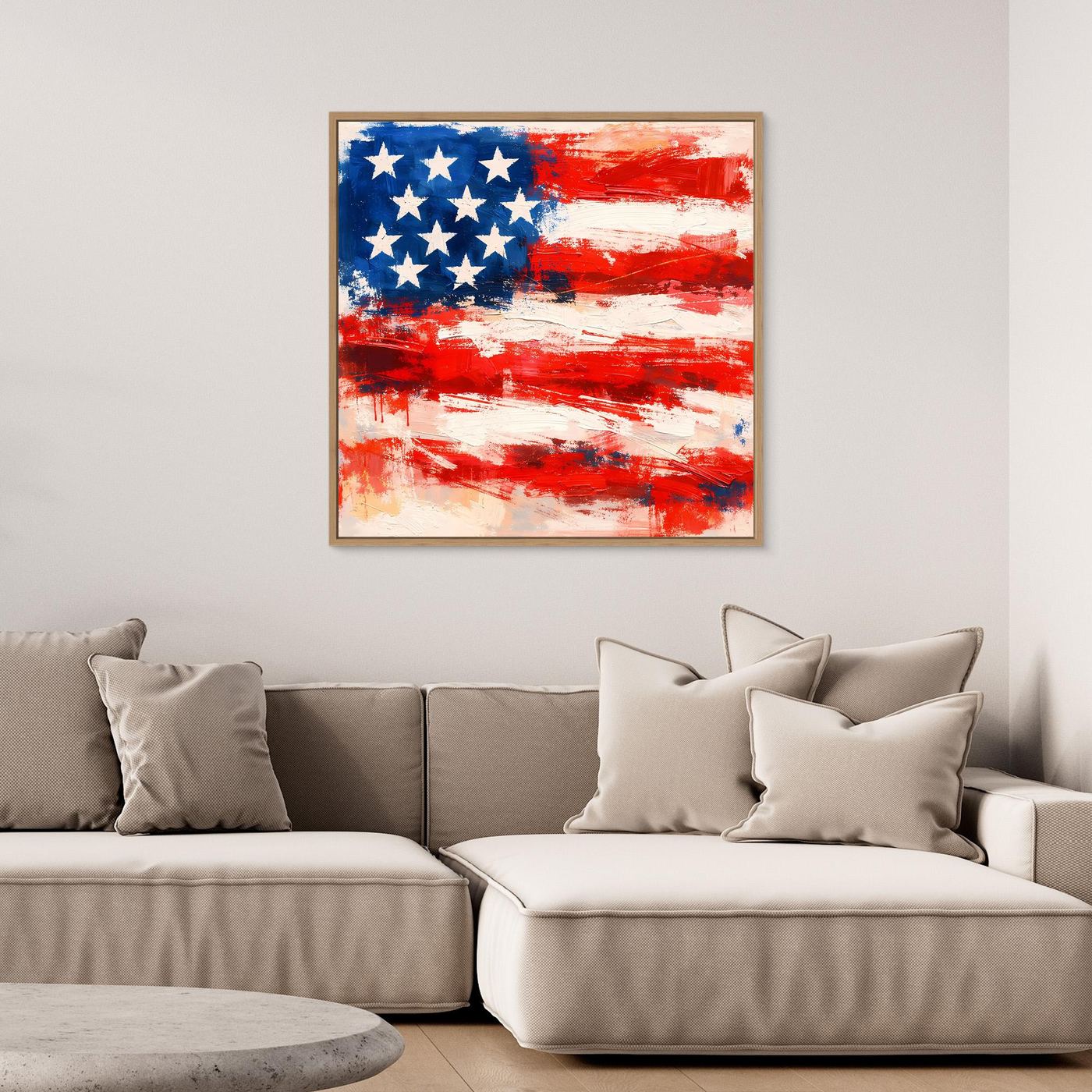 USA flag abstract canvas wall art with oak frame; blue stars, red and white brush strokes