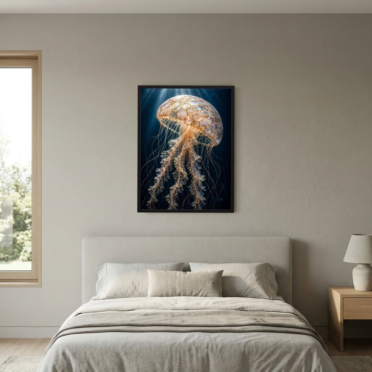 Gerahmtes Poster mit goldener Qualle, kugelförmiger Glocke und Tentakeln, Hochformat