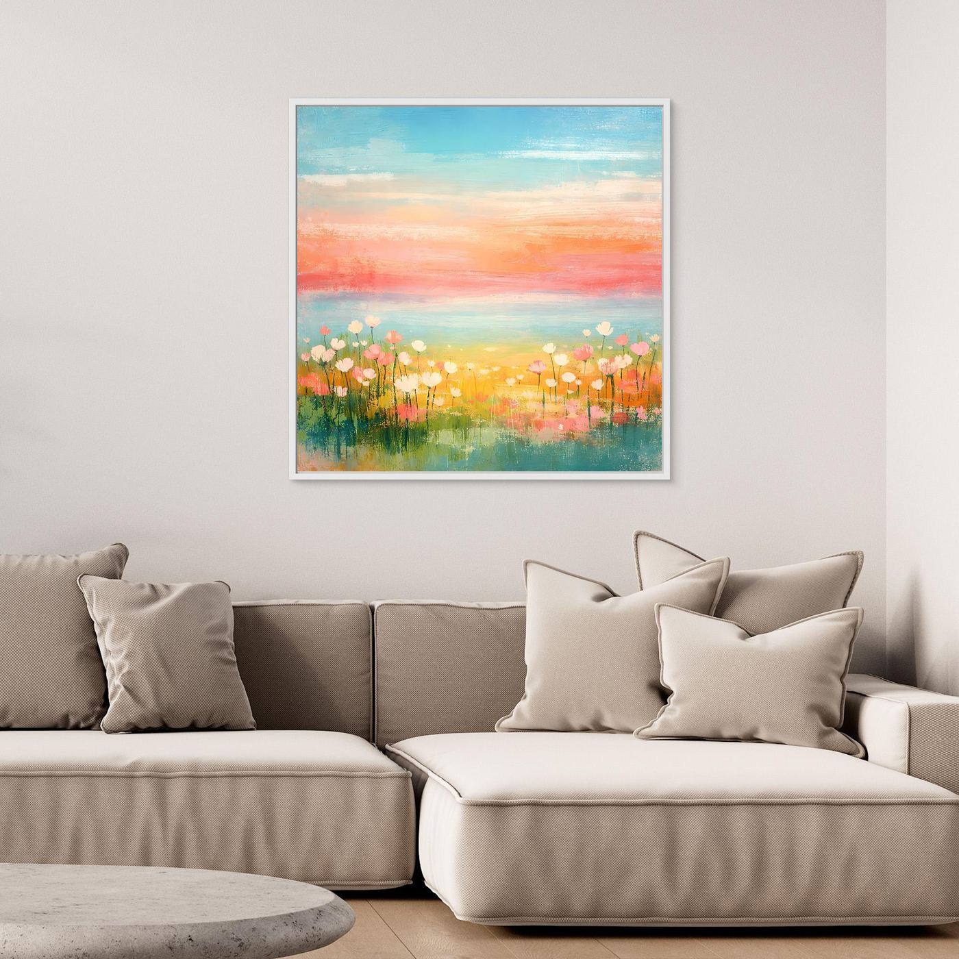 Leinwand-Wandbild mit Blumenwiese am Meer, Pastellfarben, mit weißem Innenrand