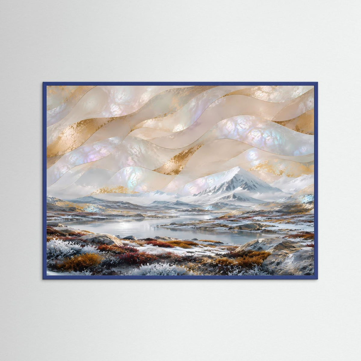 Querformat-Poster mit abstrakter Winterlandschaft, blauer Rahmen; Berge und See in Creme