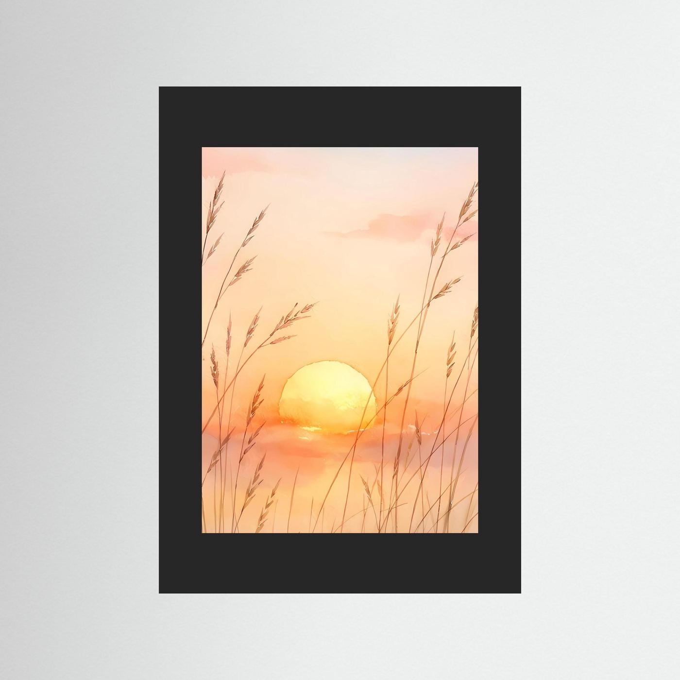 Gerahmtes Poster mit Sonnenuntergang und Gräsern im Aquarellstil, schwarzer Rahmen