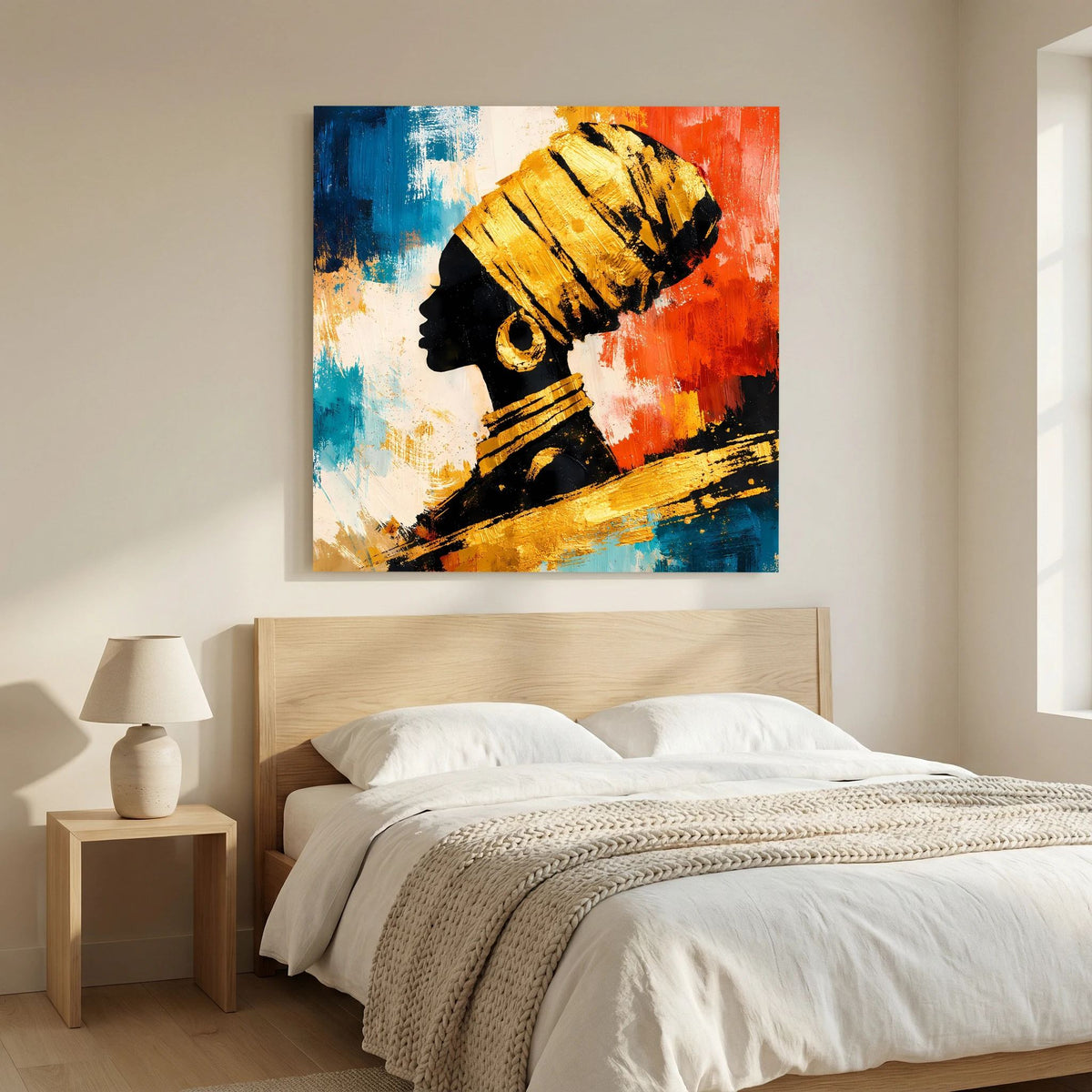 Leinwandbild: abstraktes Profil einer Frau, schwarzer Schattenkopf, goldene Details, Blau/Rot