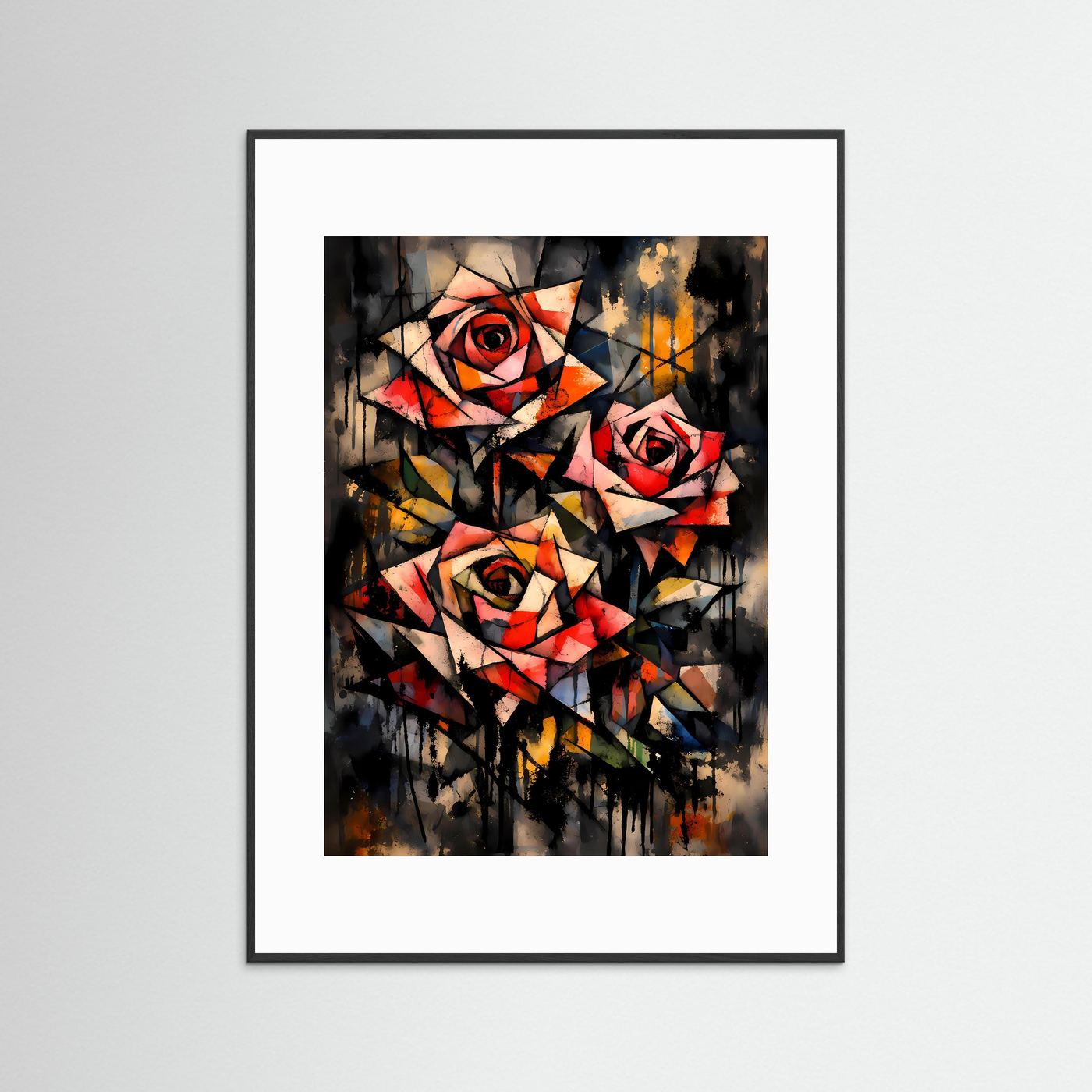 Geometrie der Liebe | Modernes Rosen Kunst Poster bunt | Abstraktes Kubismus Wandbild Hochformat