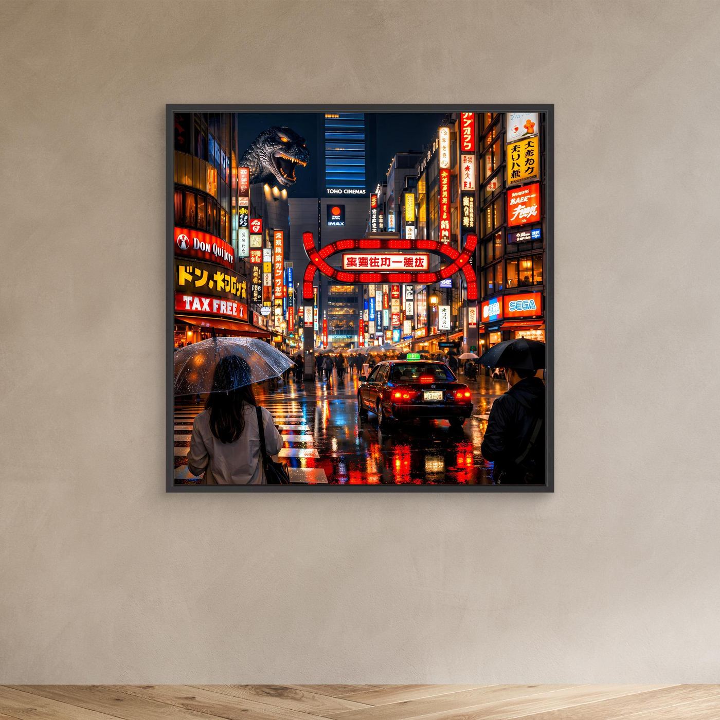 Leinwand Pulsierendes Tokio bei Nacht | Urbanes Kabukicho Kaiju Wandbild