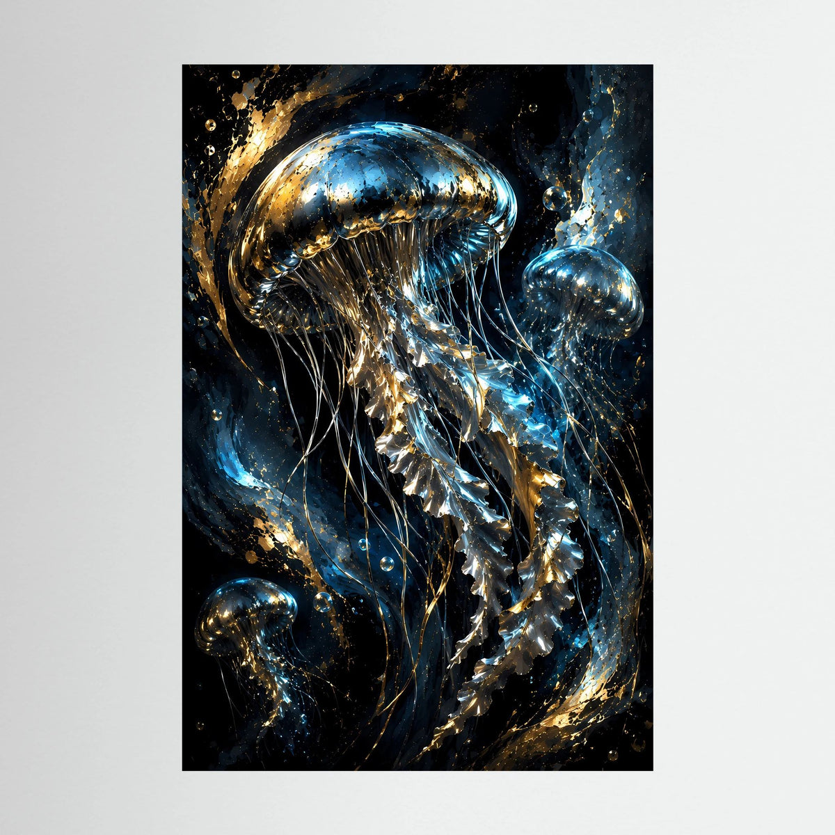 Poster im Hochformat mit goldenen und blauen Quallen in dunklem Ozean-Look
