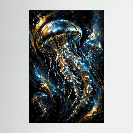Poster im Hochformat mit goldenen und blauen Quallen in dunklem Ozean-Look