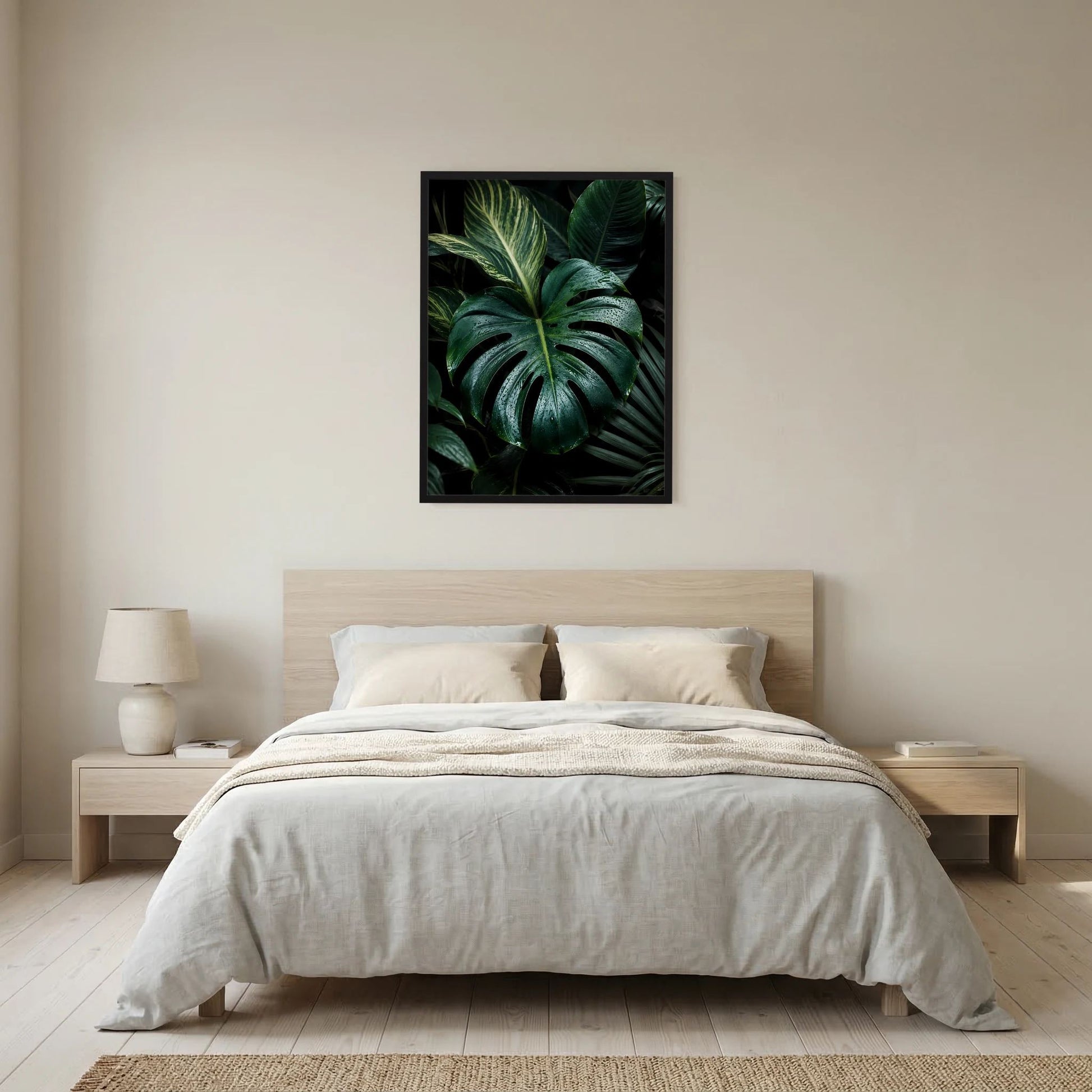 Hochformatiges Poster mit dunklen Monstera-Tropenblättern im schwarzen Rahmen