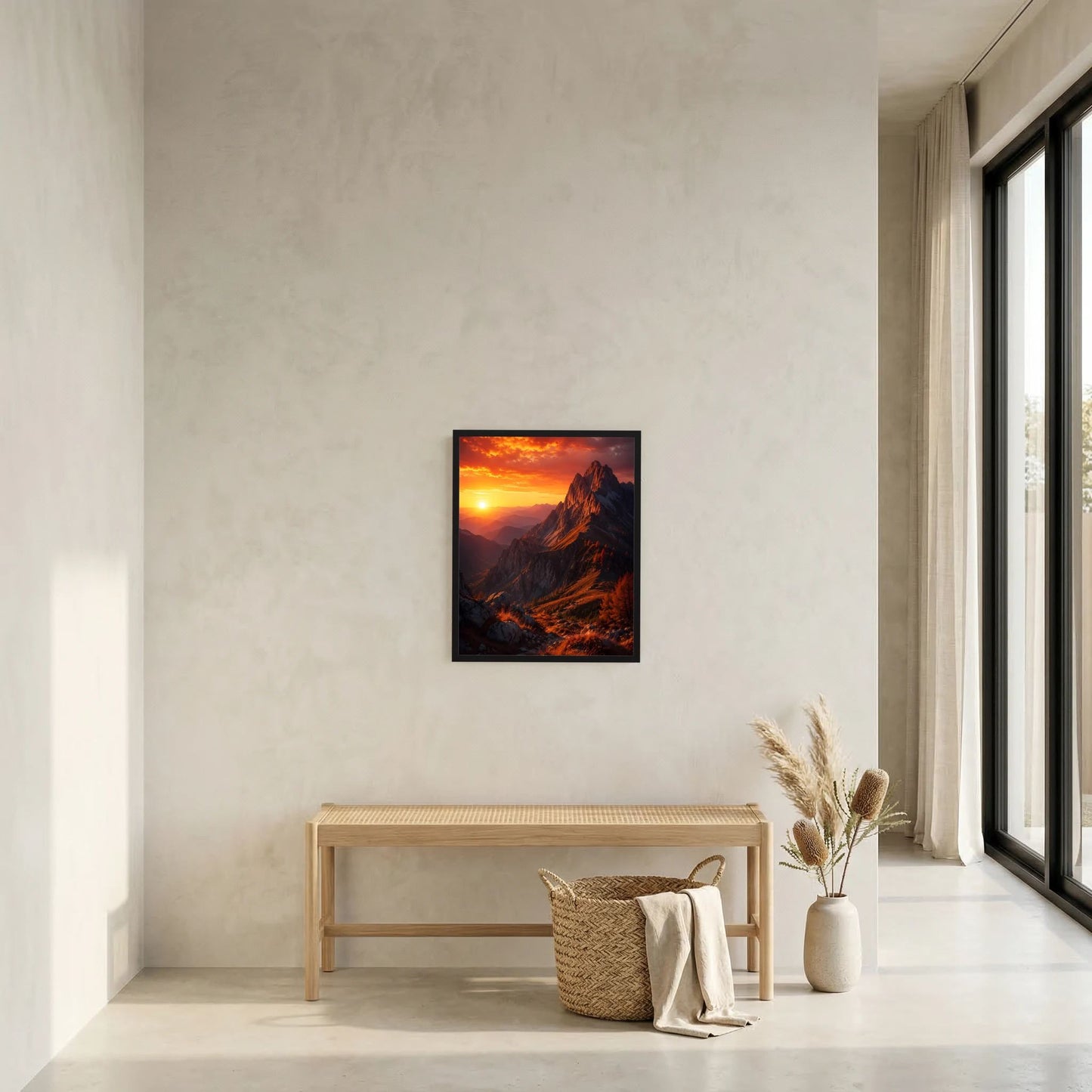Hochformat-Poster an der Wand: Berglandschaft mit Sonnenuntergang und orangefarbenem Licht.