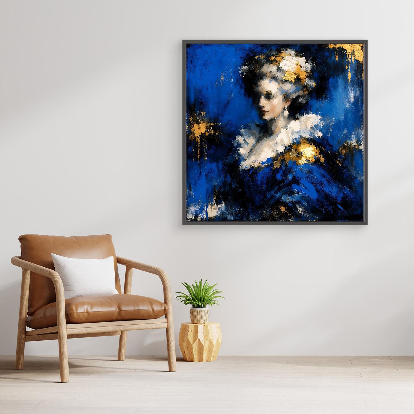 Leinwand Elegante Barock-Dame in Blau und Gold | Abstraktes Porträt Wandbild