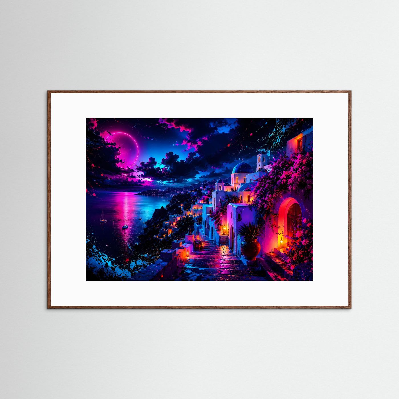 Santorini bei Nacht in Neonfarben | Abstraktes Griechenland Panorama Poster Querformat in Pink, Blau & Violett