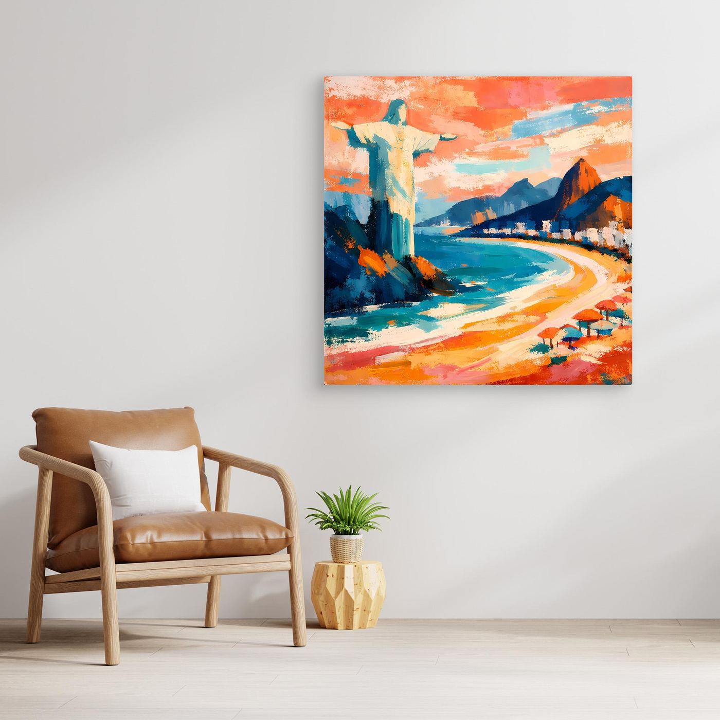 Abstraktes Leinwand-Wandbild ohne Rahmen, Strandlandschaft mit Meer, Bergen und Strandliegen